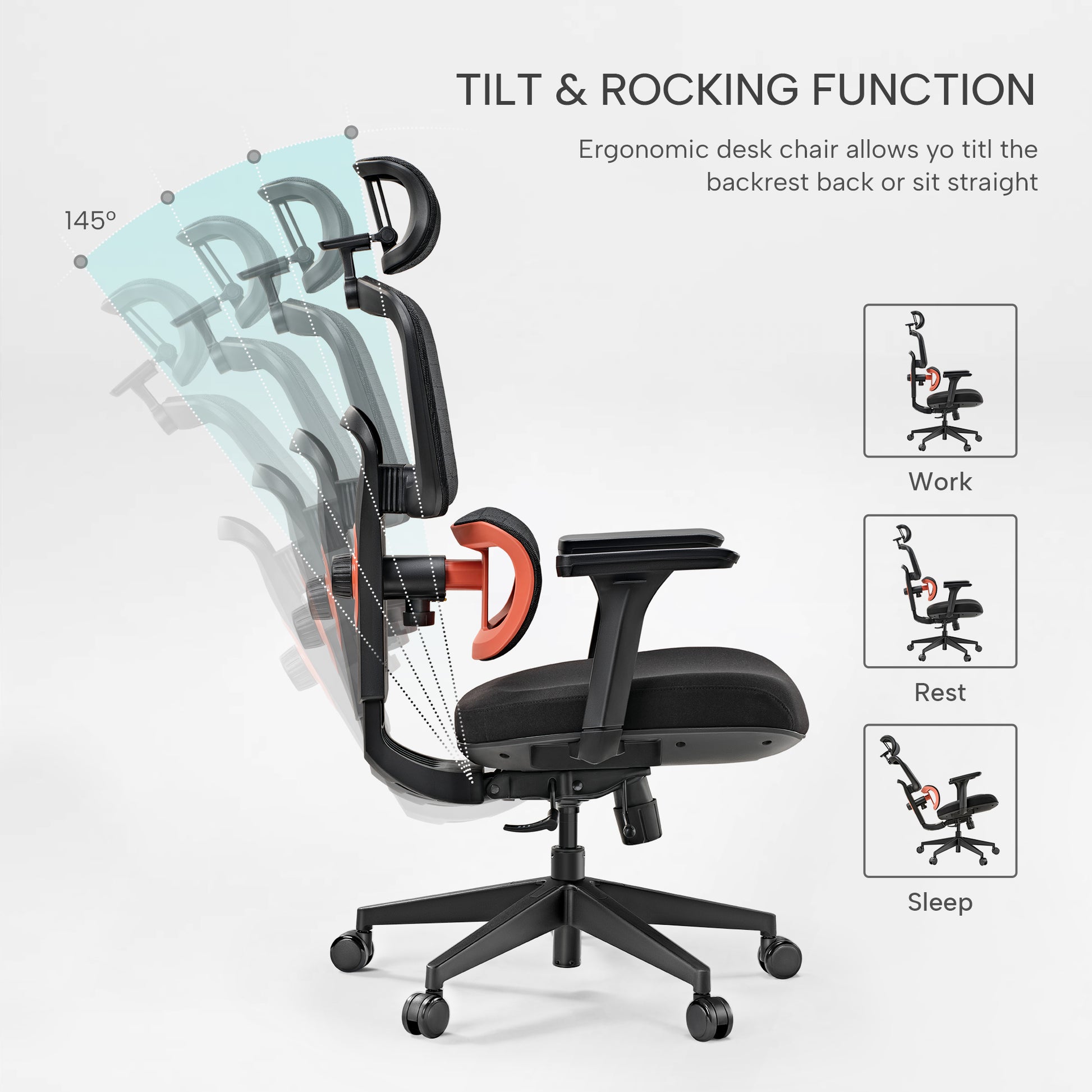 Eureka Ergonomic Cyra ergonomic office chair with tilt and rocking function shown in work, rest, and sleep positions up to 145°.