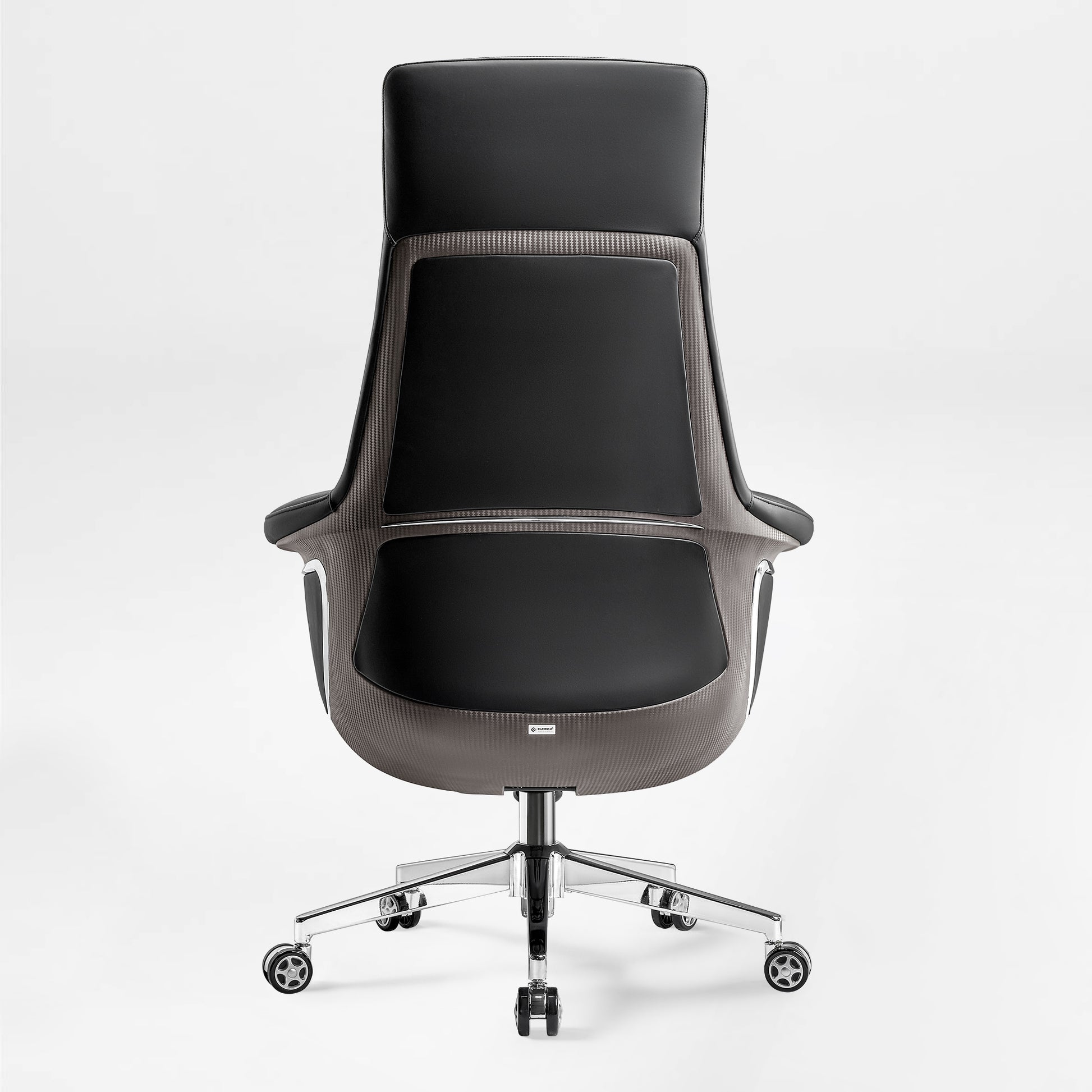 Eureka Ergonomic Royal Renee executive chair rear view: microfiber leather headrest & seat, carbon fiber frame, chrome base with casters.