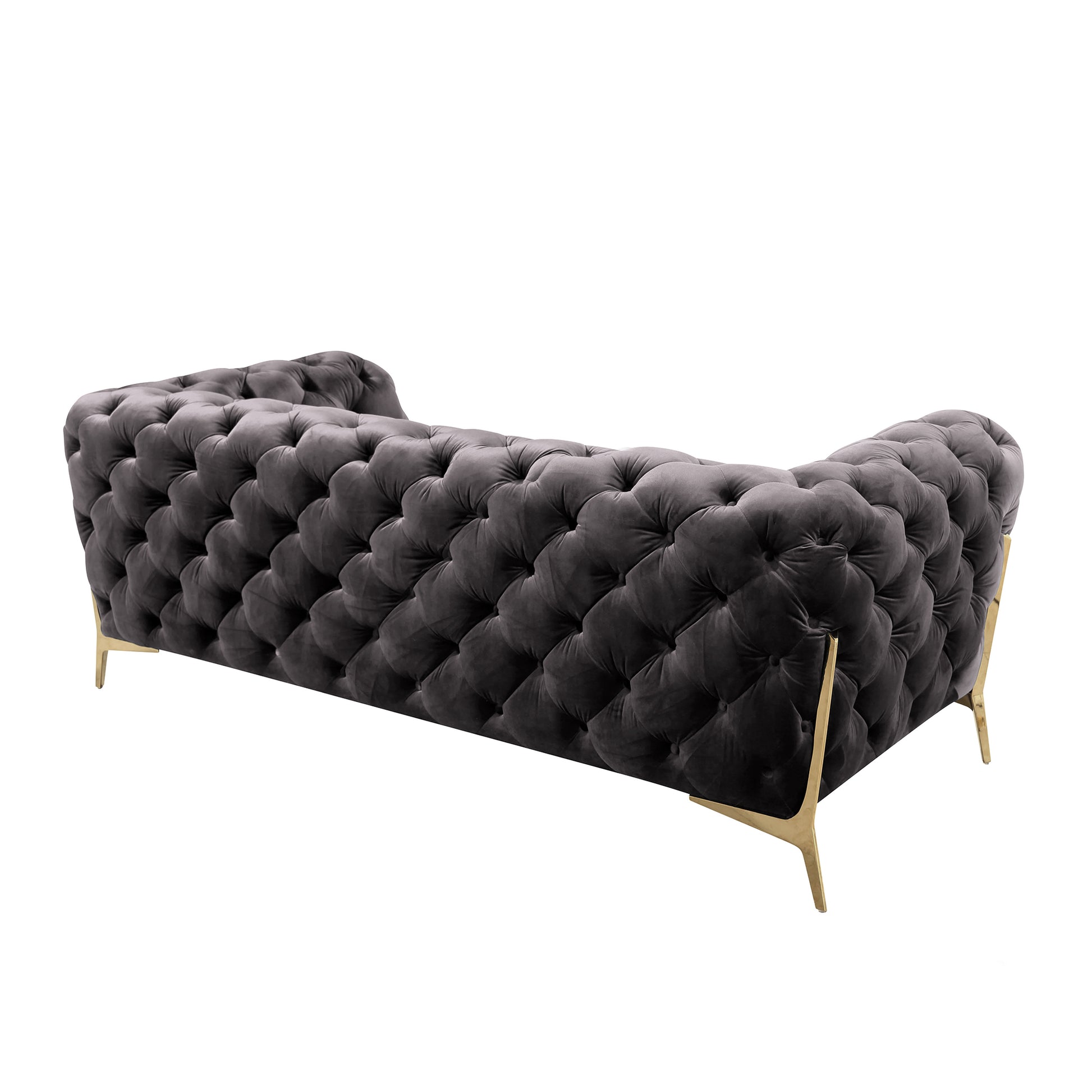 Beverly Loveseat Sofa, Dark Gray Velvet Upholstery With Rose Gold Legs.