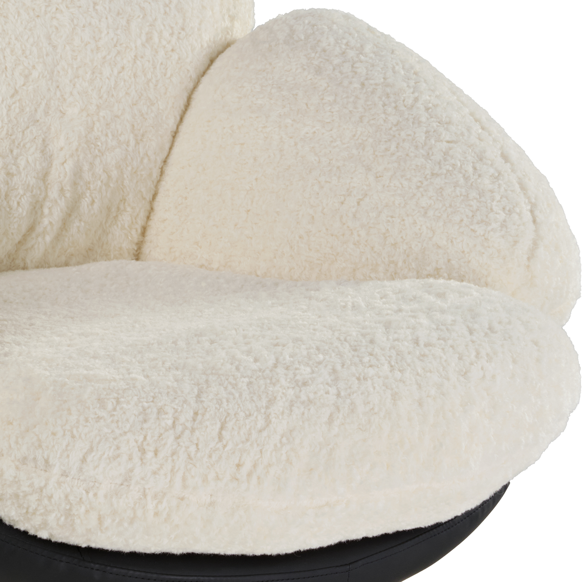 Cara Swivel Lounge Chair Detail, White Lamb Velvet Upholstery and Black Leather Base.