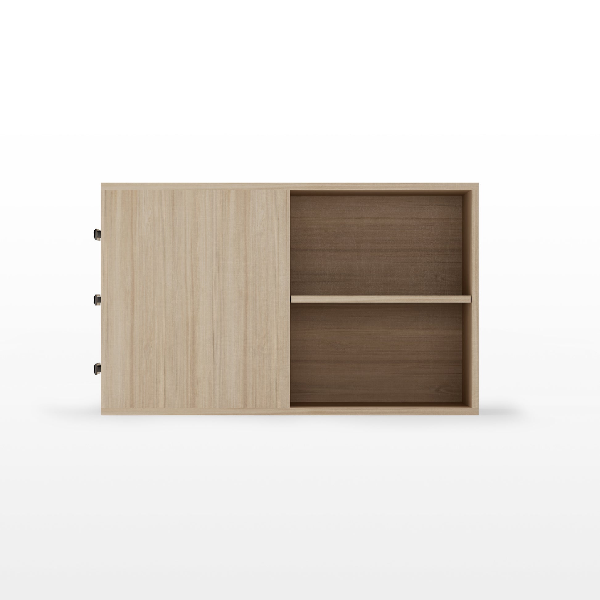 Zen Pro Executive Desk Cabinet: Light Wood Finish, Open Shelving, and Sliding Door.
