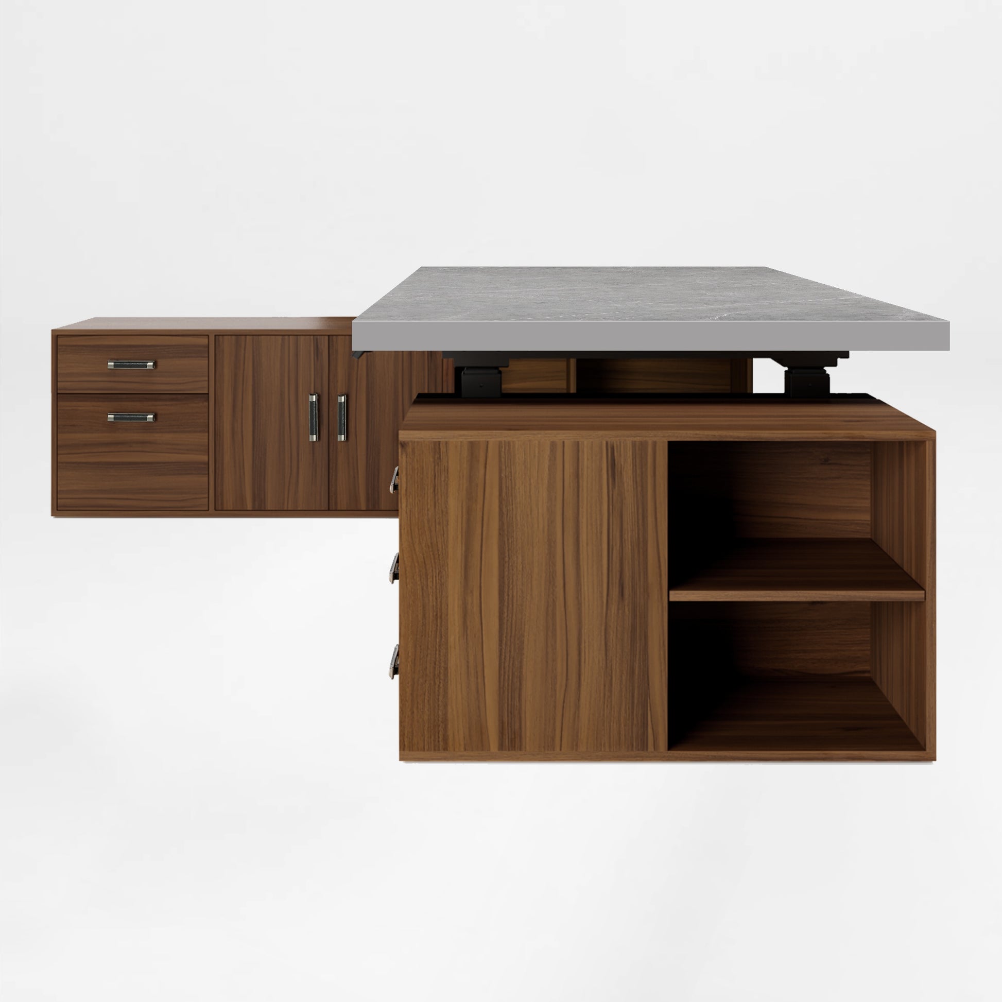 Eureka Ergonomic Zen Pro Executive Standing Desk With Black Sintered Stone Top and Wood Cabinets.