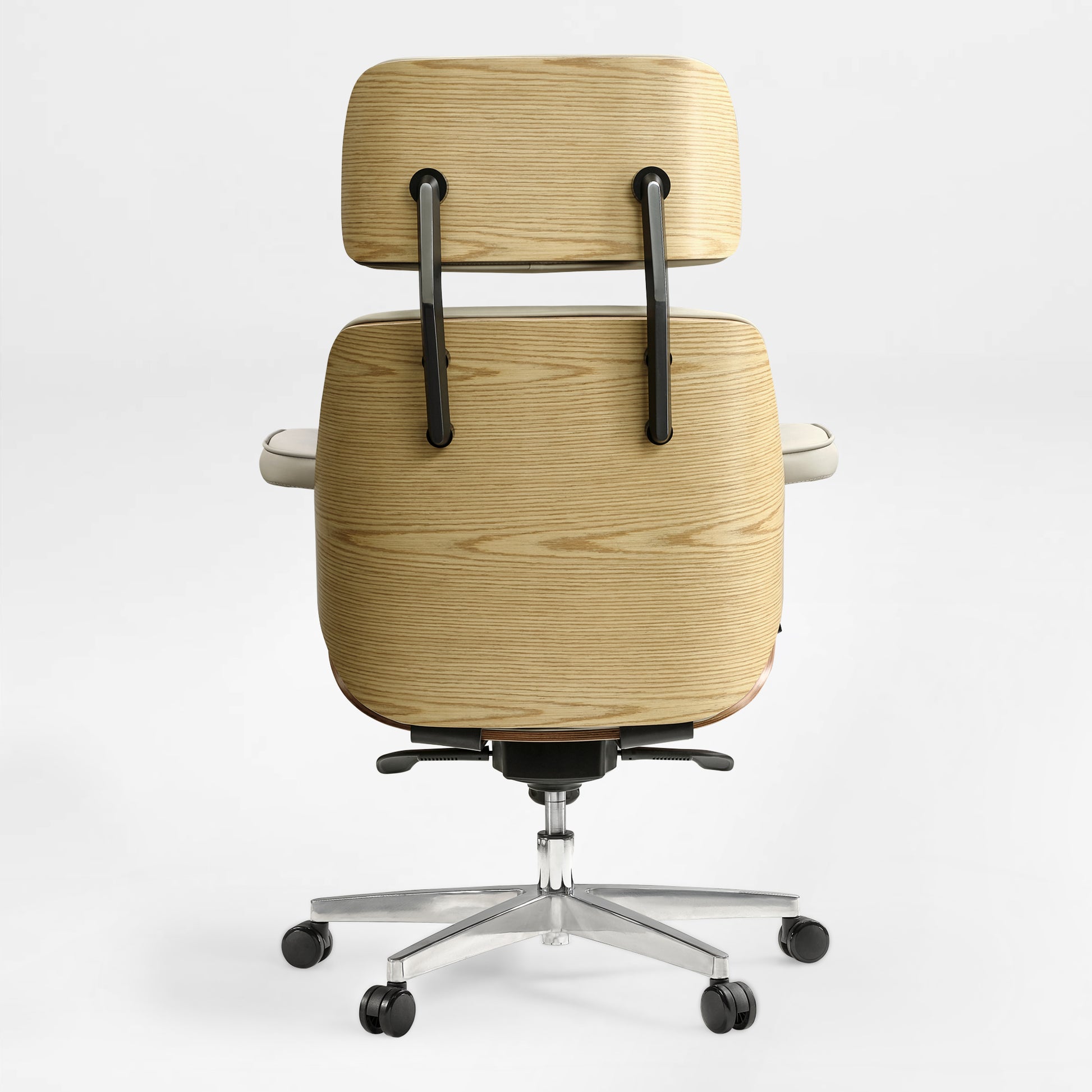 Eureka Ergonomic Mathias executive chair rear view, light wood veneer shell, beige leather seat, silver base.