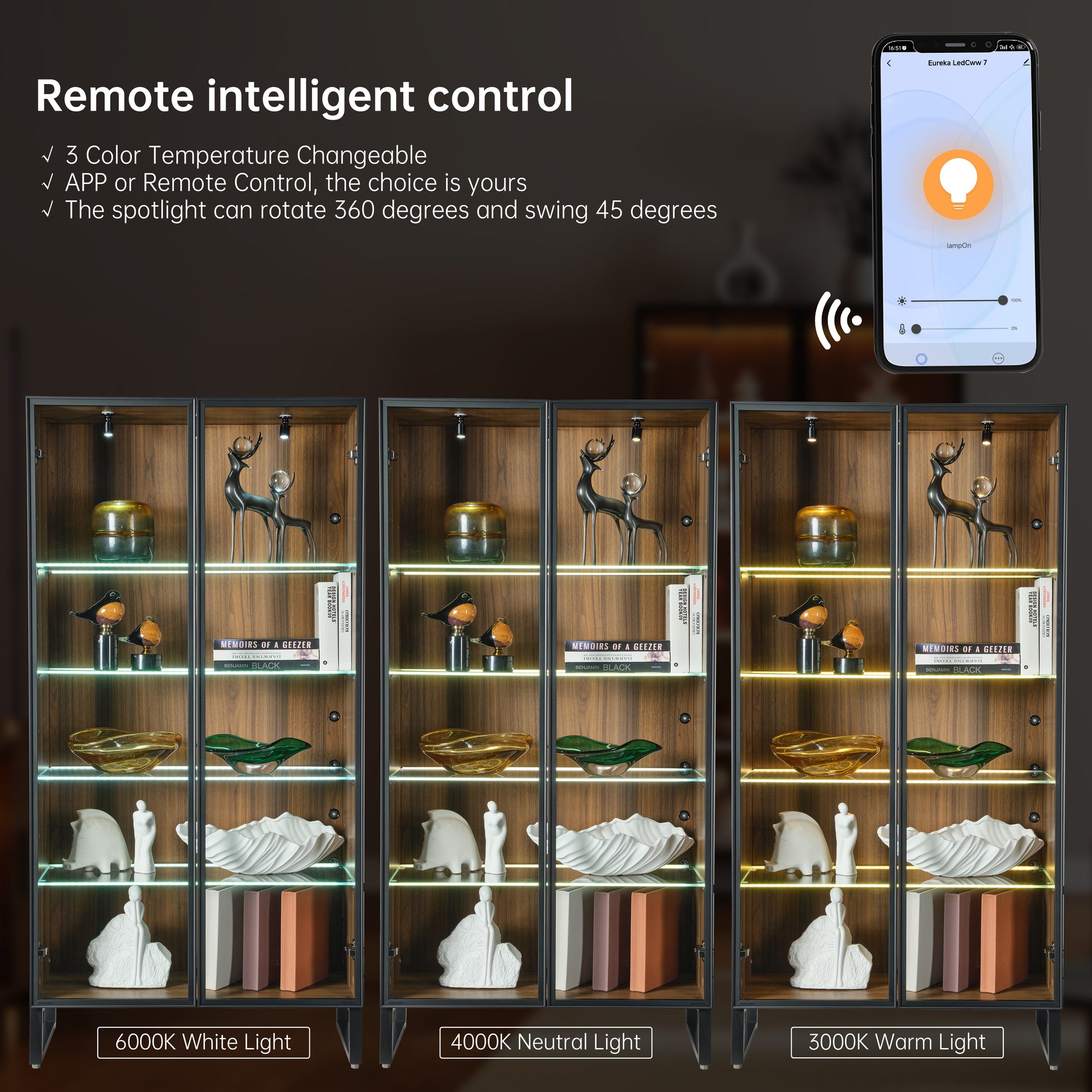 Eureka Curio Cabinet With Adjustable Shelves, Led Lighting, and Remote Control; Showcasing the 3 Color Temperature Options.