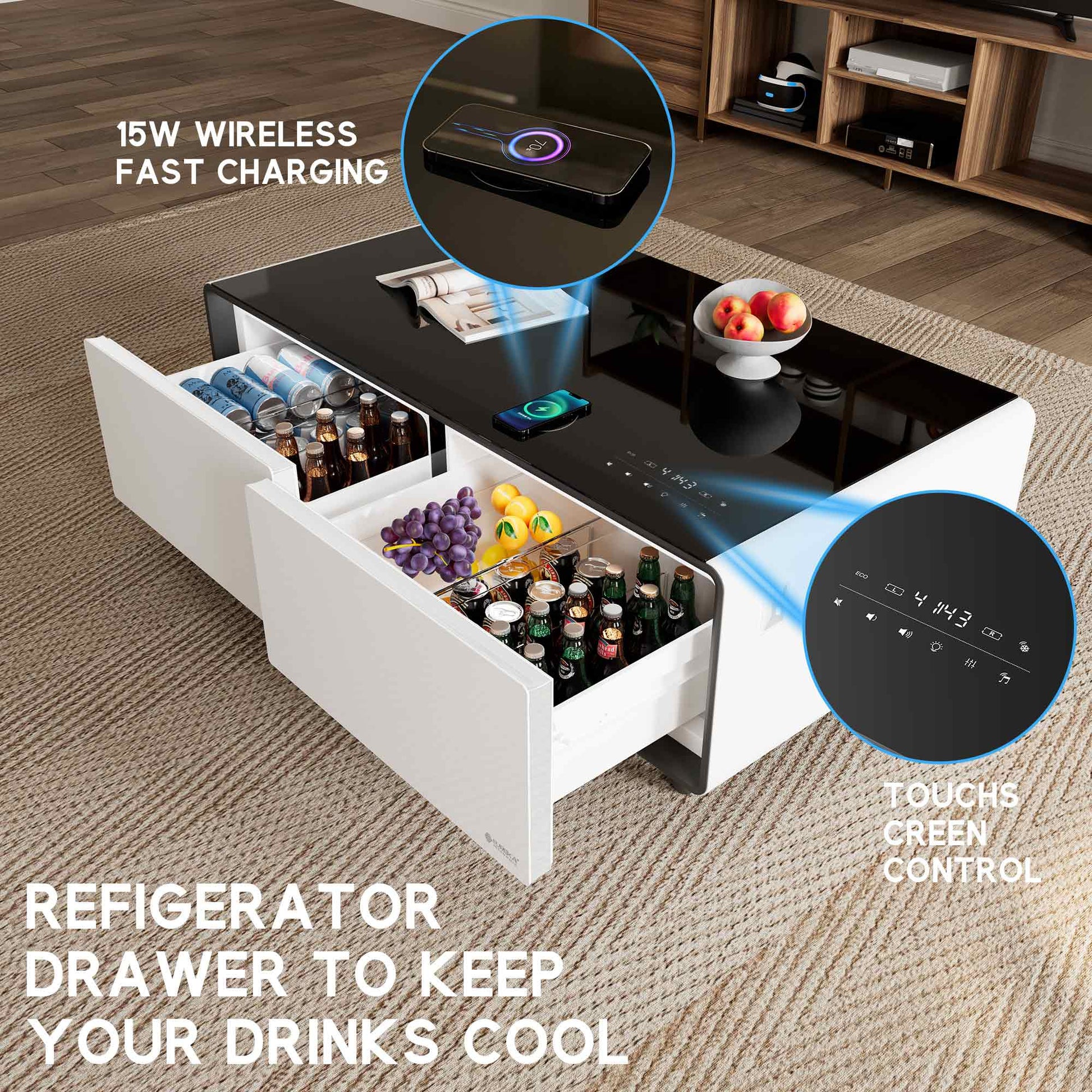 50 inch White Smart Fridge Coffee Table with Bluetooth Speakers, Lifestyle Product Image, 15W Wireless Fast Charging, Touch Screen Controls