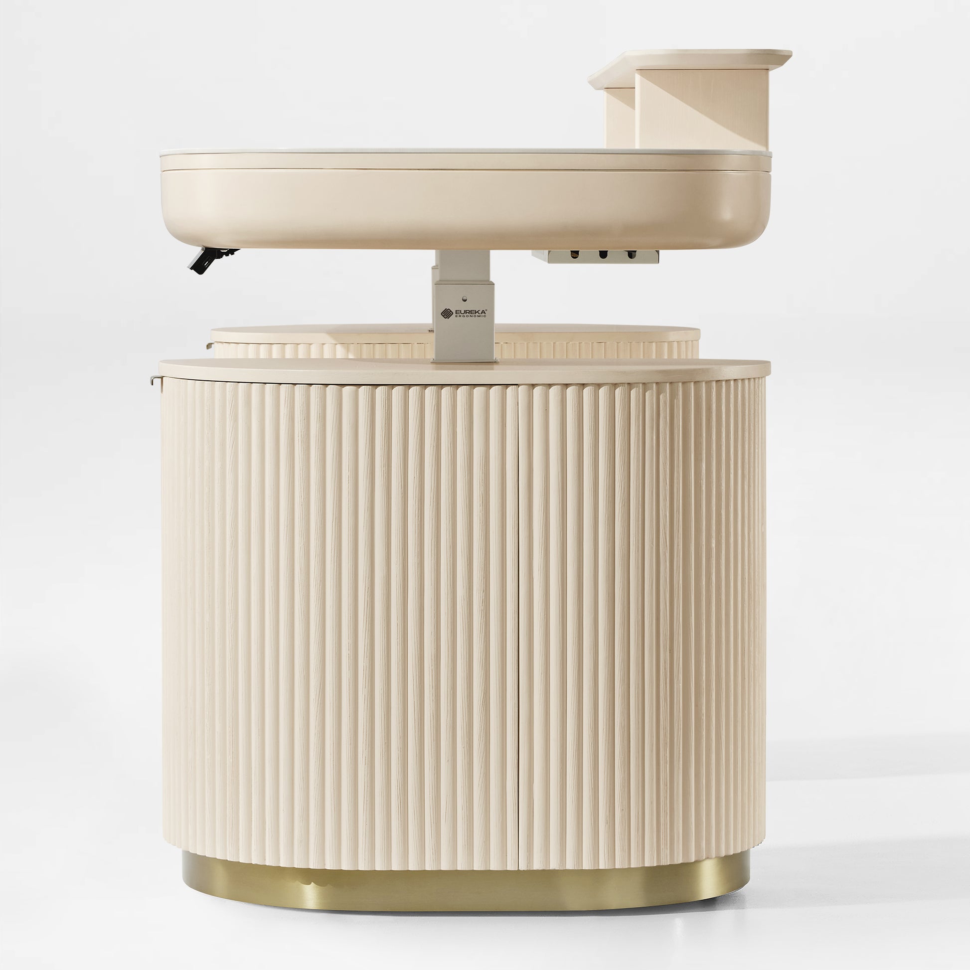 Eureka Ergonomic Opal Oval Executive Standing Desk in Light Beige With Storage, Brass Base. Ergonomic Office Furniture.