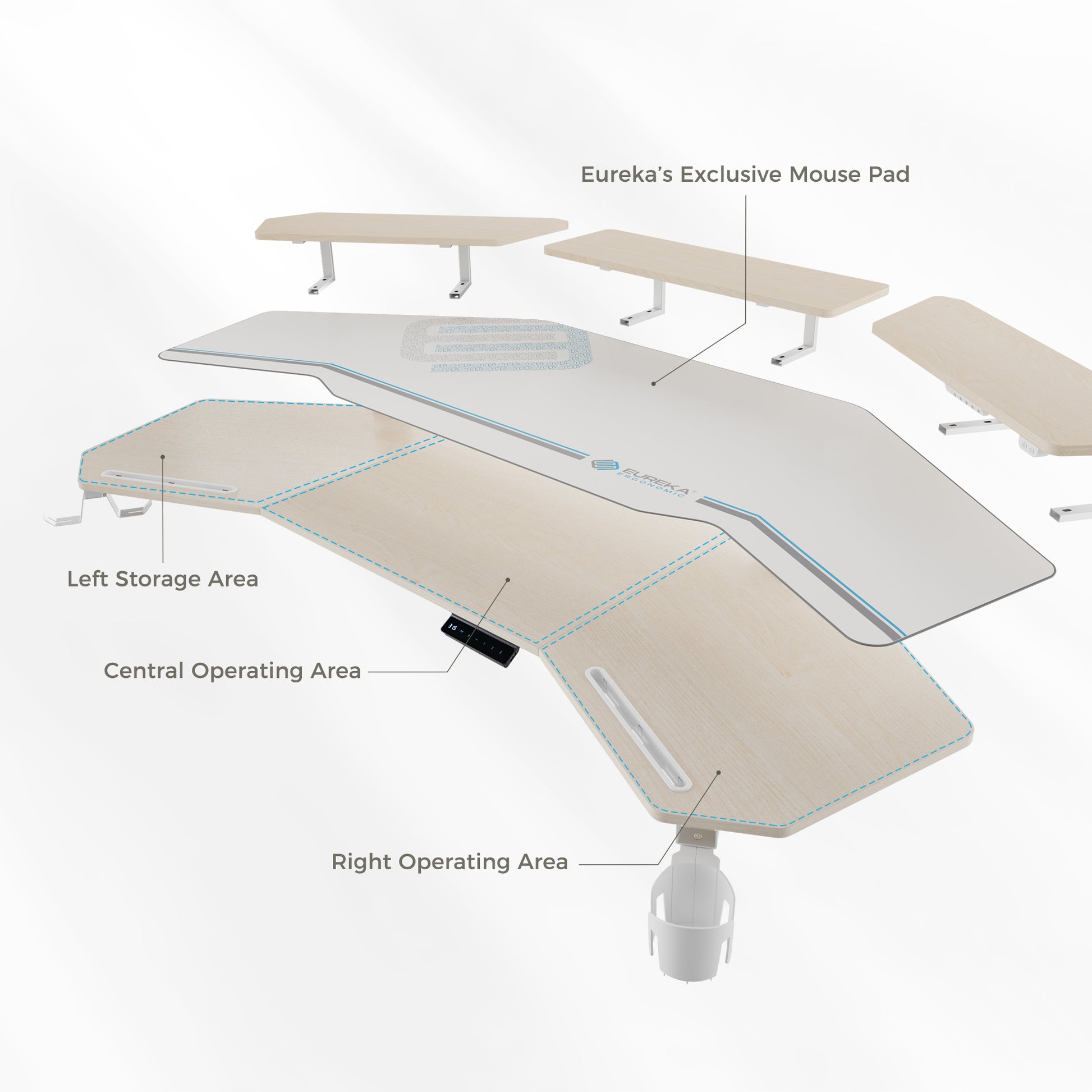 Eureka Ergonomic Aero Pro Standing Desk Layout: Mouse Pad, Storage, and Operating Areas.