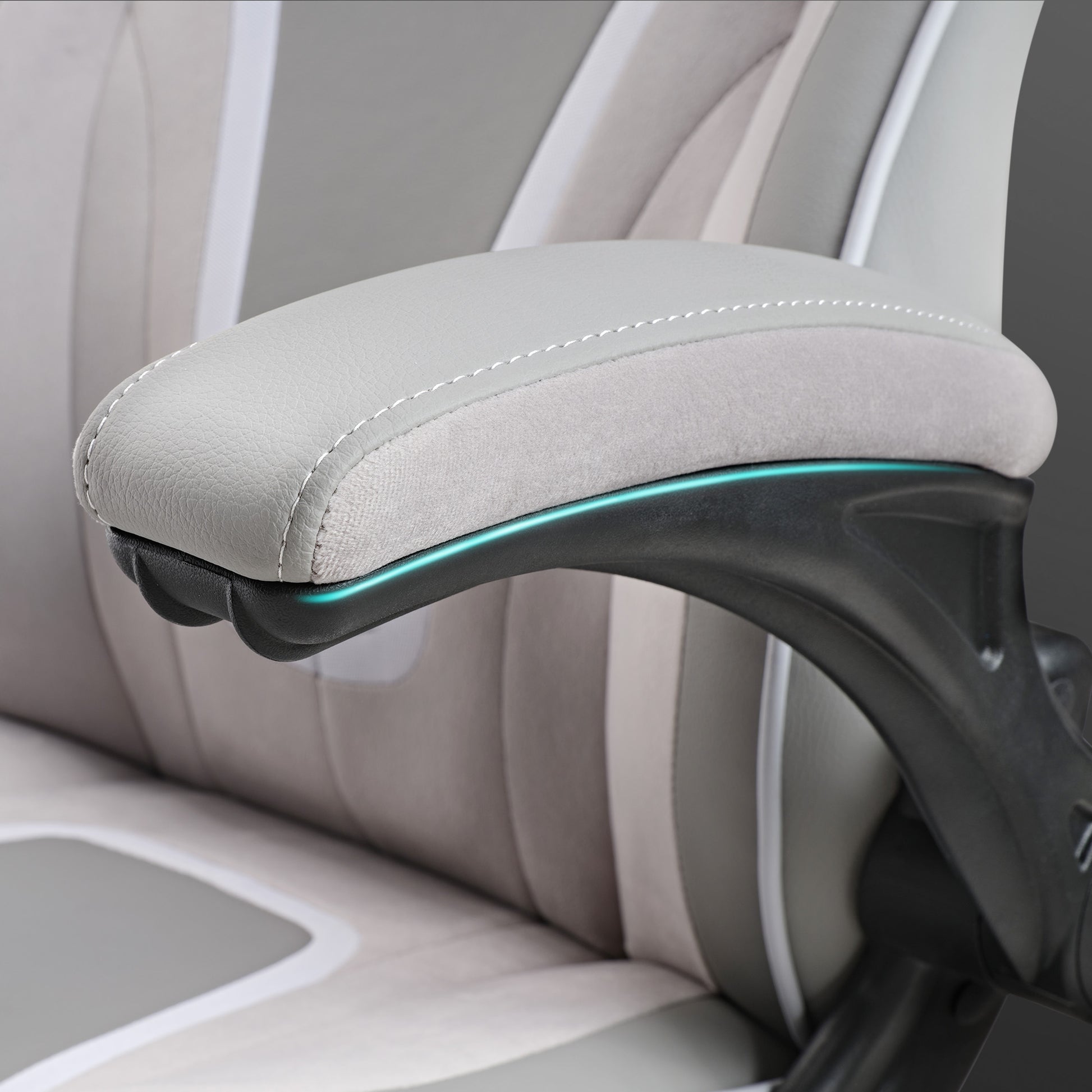Eureka Ergonomic Vortex Gaming Chair Armrest, Featuring Gray Pu Leather, Black Support and Subtle Accent Line.