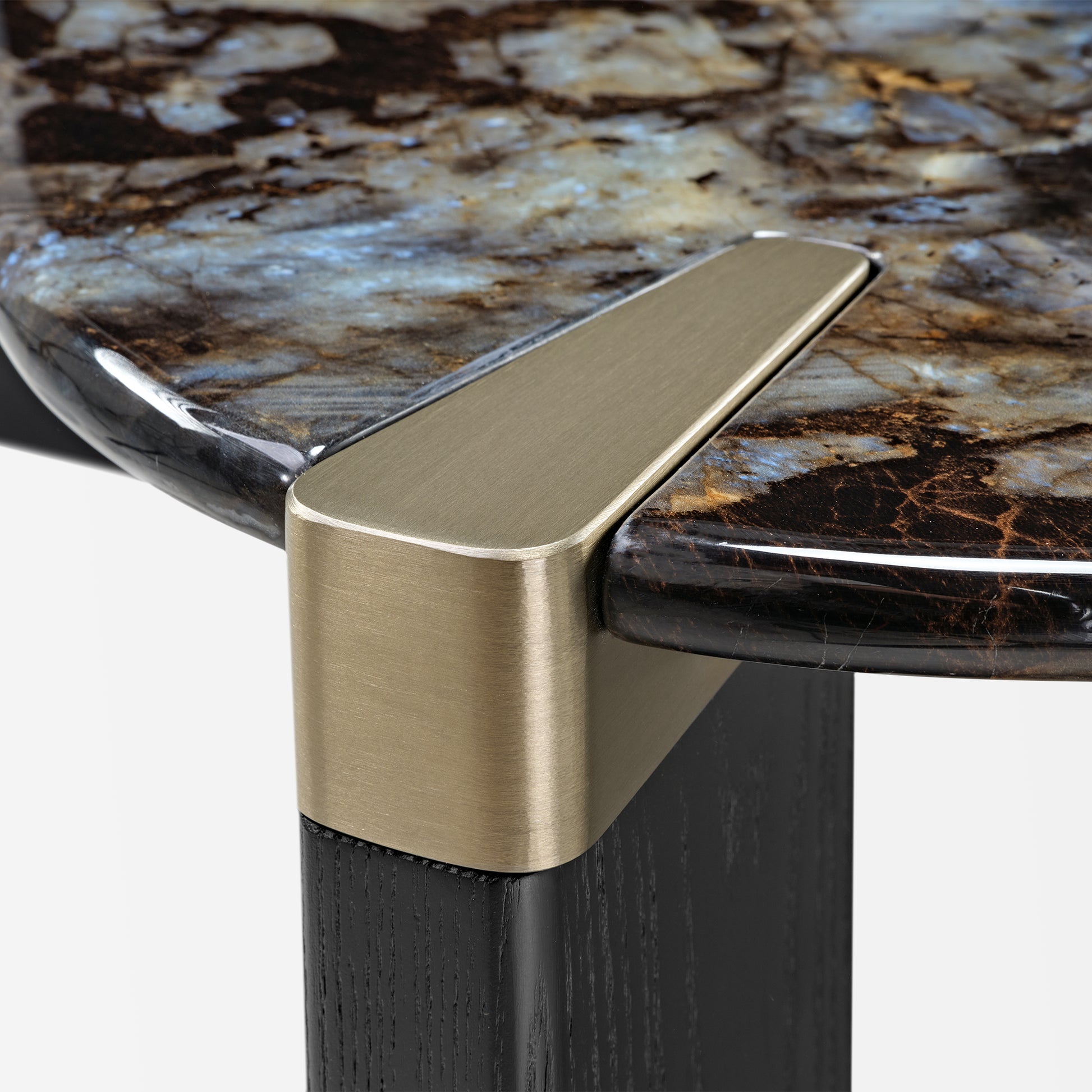 Prada Green Coffee Table Corner Detail With Marble Top, Brass Accent, and Black Wood Base. Modern Luxury Furniture.