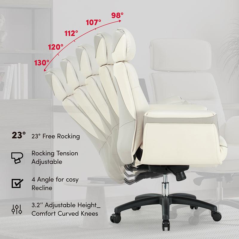 Eureka Royal, comfy leather executive office chair with high back and lumbar support, Beige White, Executive Office, Leather Padded Structure with 23 Degrees of Free Rocking