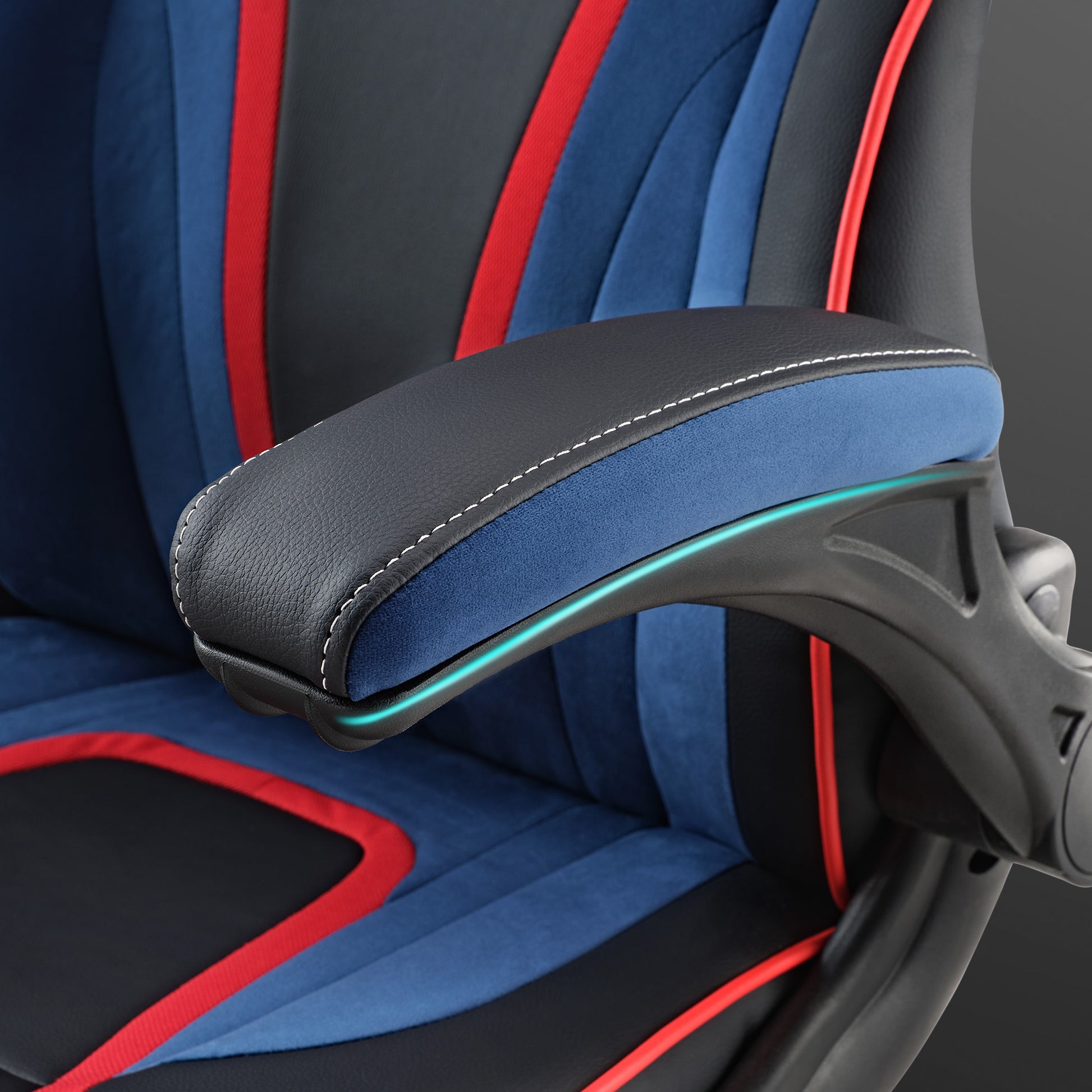 Eureka Ergonomic Vortex Gaming Chair Armrest Detail, With Black Pu Leather, Blue Velour, Red Accents.