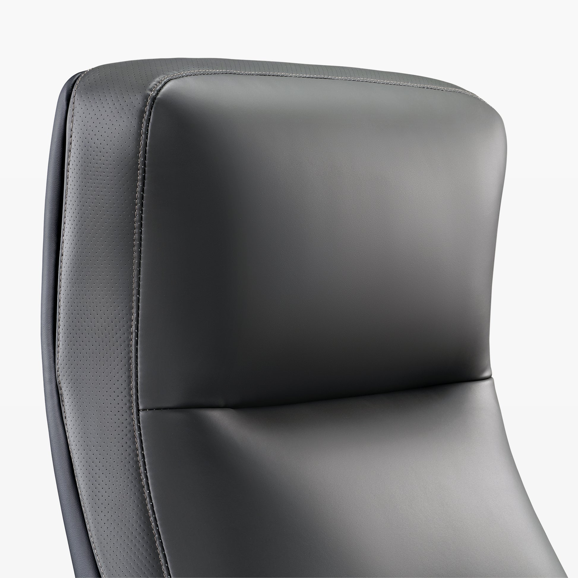Royal II Executive Office Chair Headrest Detail, Featuring Gray Leather With Perforated Accents and Ergonomic Design.