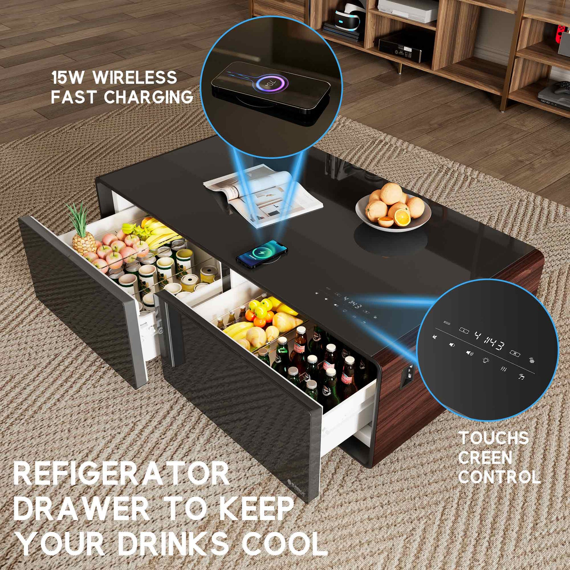 50 inch Walnut Woodgrain Style Smart Fridge Coffee Table with Bluetooth Speakers, Touch Screen Controls, 15W Wireless Fast Charging