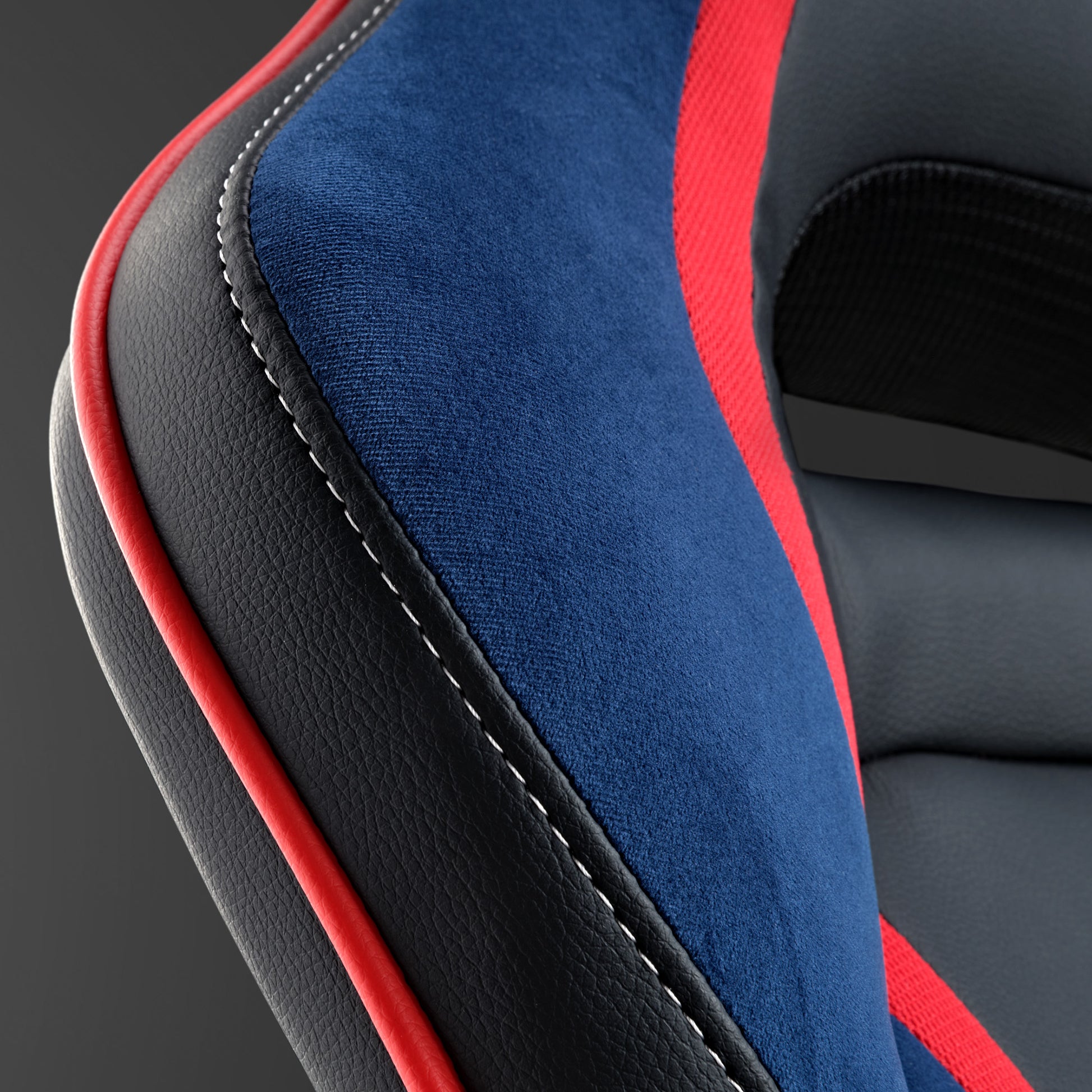 Vortex Gaming Chair Detail: Blue Velour and Black Pu Leather With Red Accents.