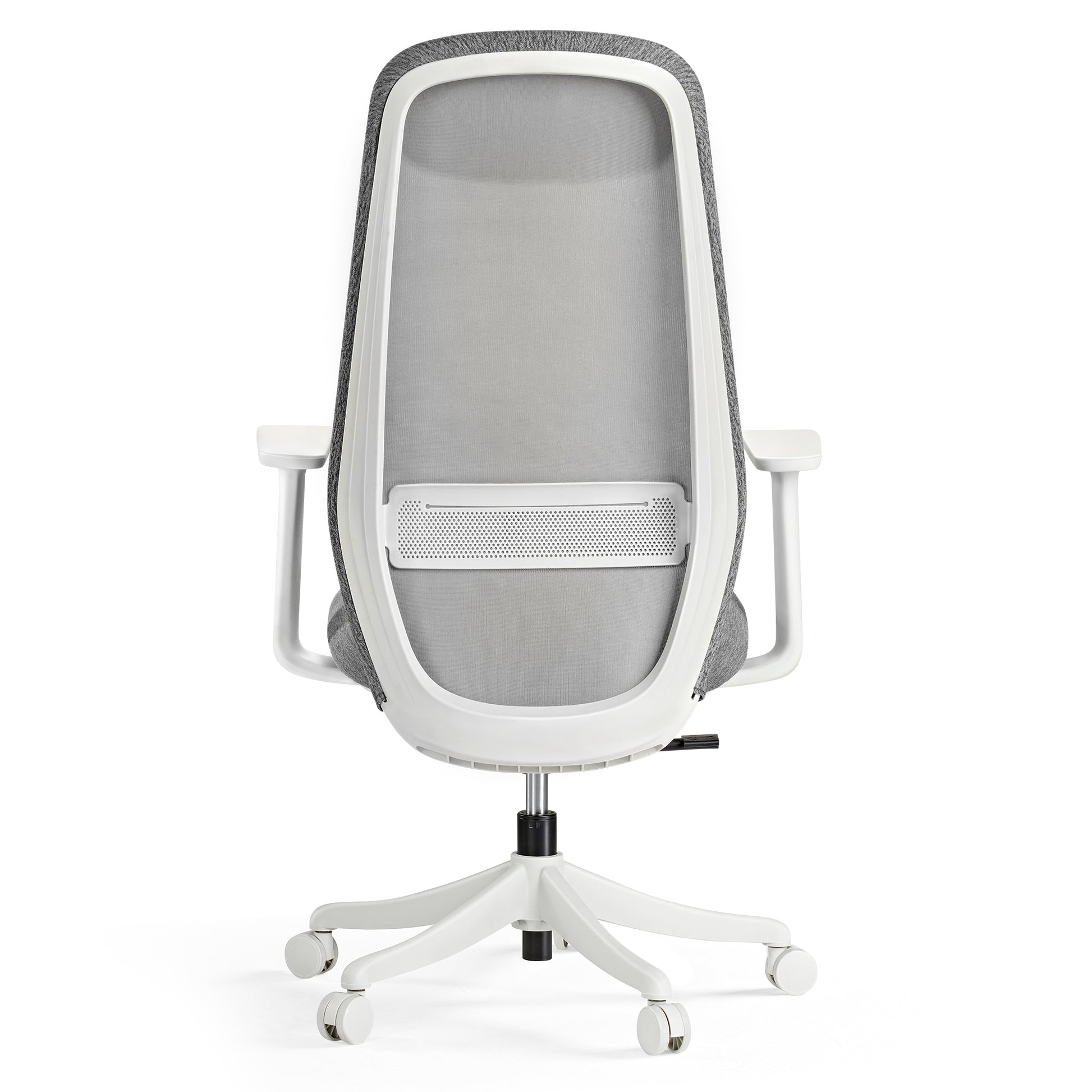 Skylar-Lite Duo Hue Ergonomic Office Chair With White Frame and Gray Mesh Back for Comfortable Workspace.