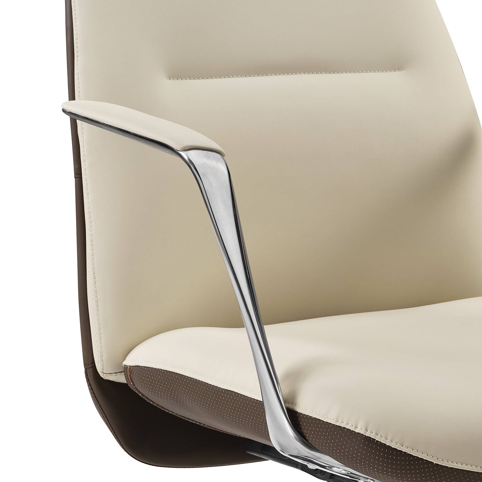 Royal Slim Executive Office Chair Detail: Cream Leather Armrest With Chrome Support.