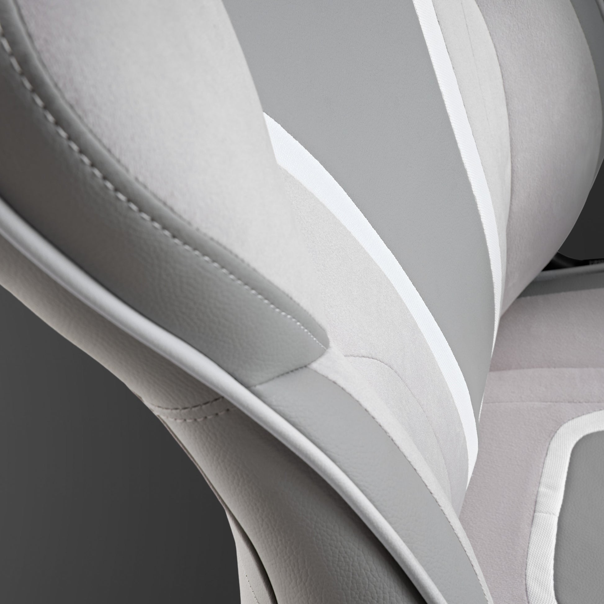 Eureka Ergonomic Vortex Gaming Chair Back Detail With Grey Pu Leather, Velour and White Accents.