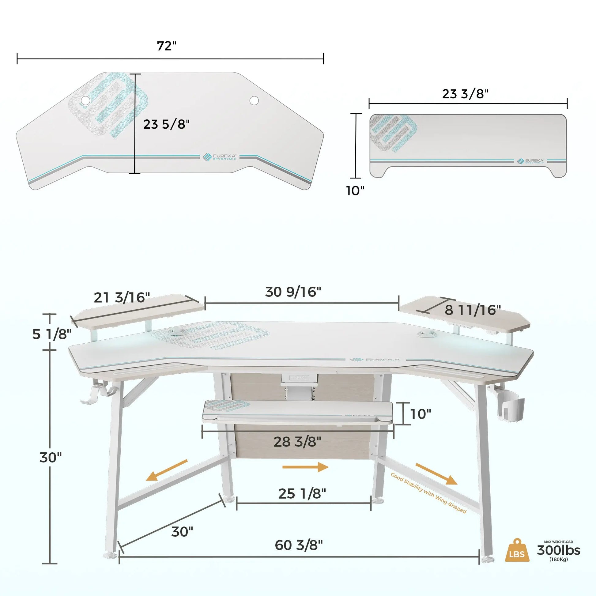 Eureka Ergonomic Aero Wing Studio Desk Dimensions: 72 Wide, White Gaming Desk With Measurements and Weight Capacity.