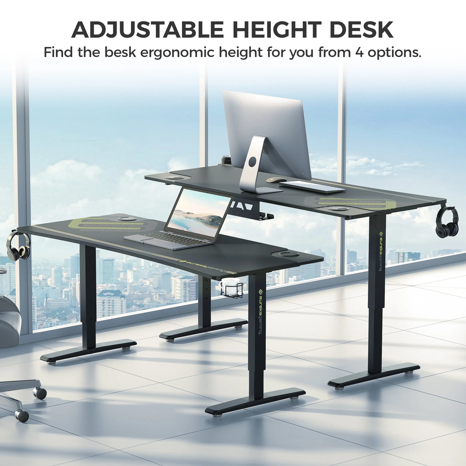 Eureka Ergonomic Adjustable Height Gaming Desk, Black With Monitor and Laptop, Ergonomic Design, Find Your Best Height.