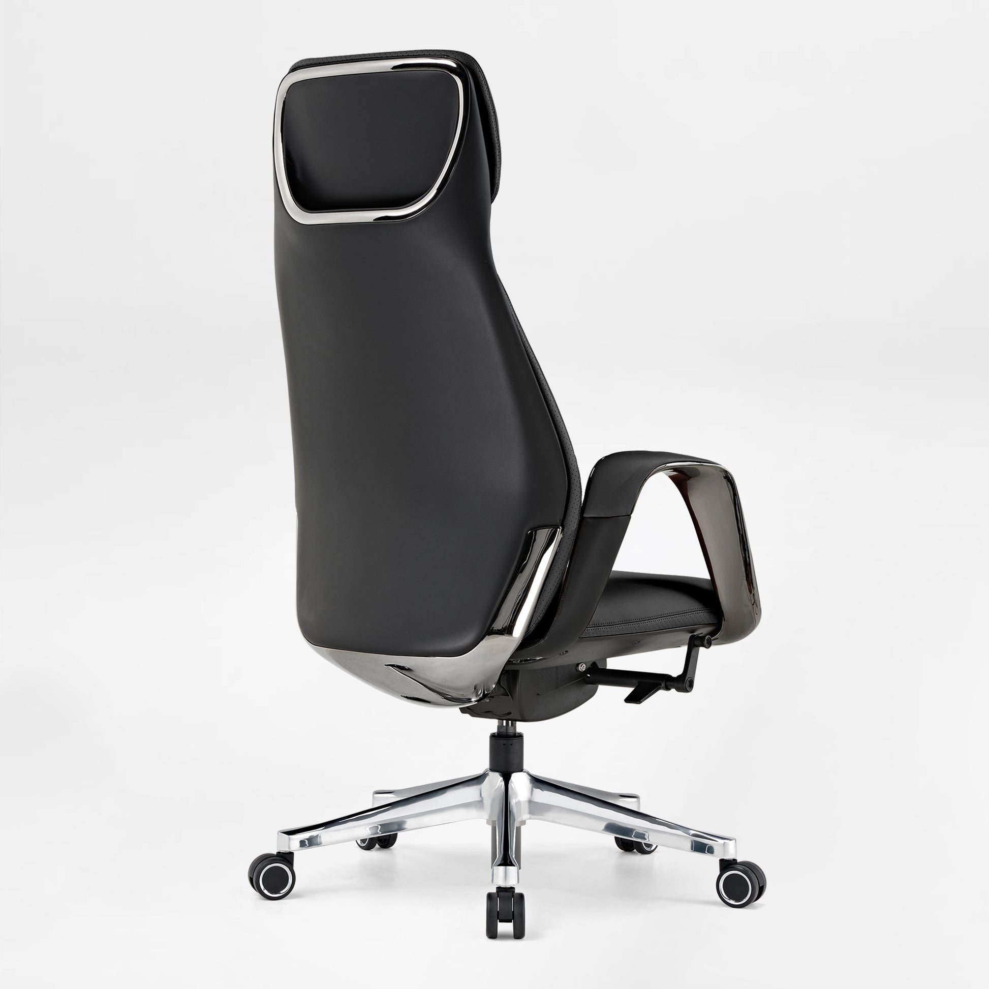 Eureka Ergonomic Serene black Napa leather executive office chair rear view with chrome accents and casters.