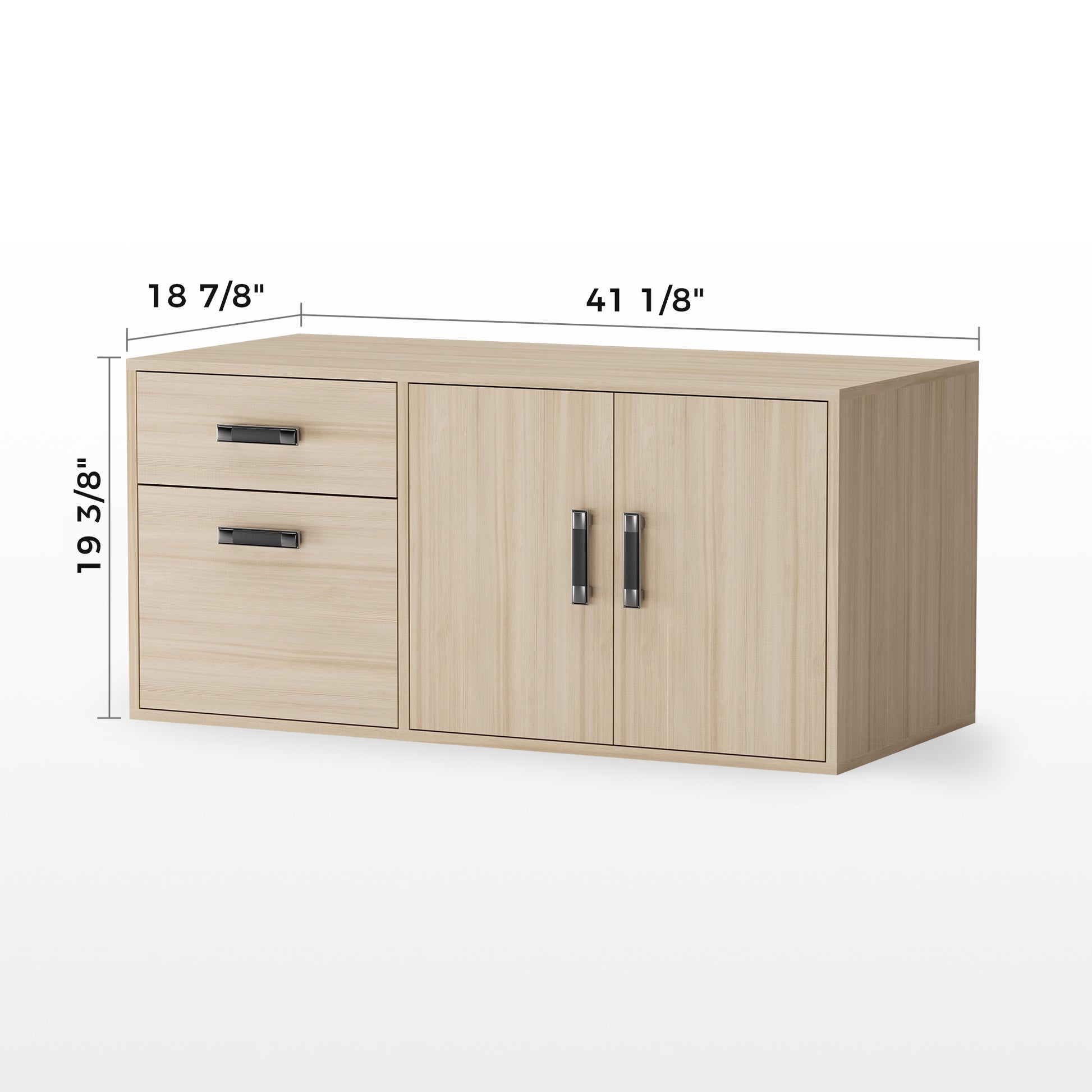 Zen Pro Executive Desk Wooden Cabinet With Drawers and Doors. Light Wood Finish With Labeled Dimensions for Office Storage.