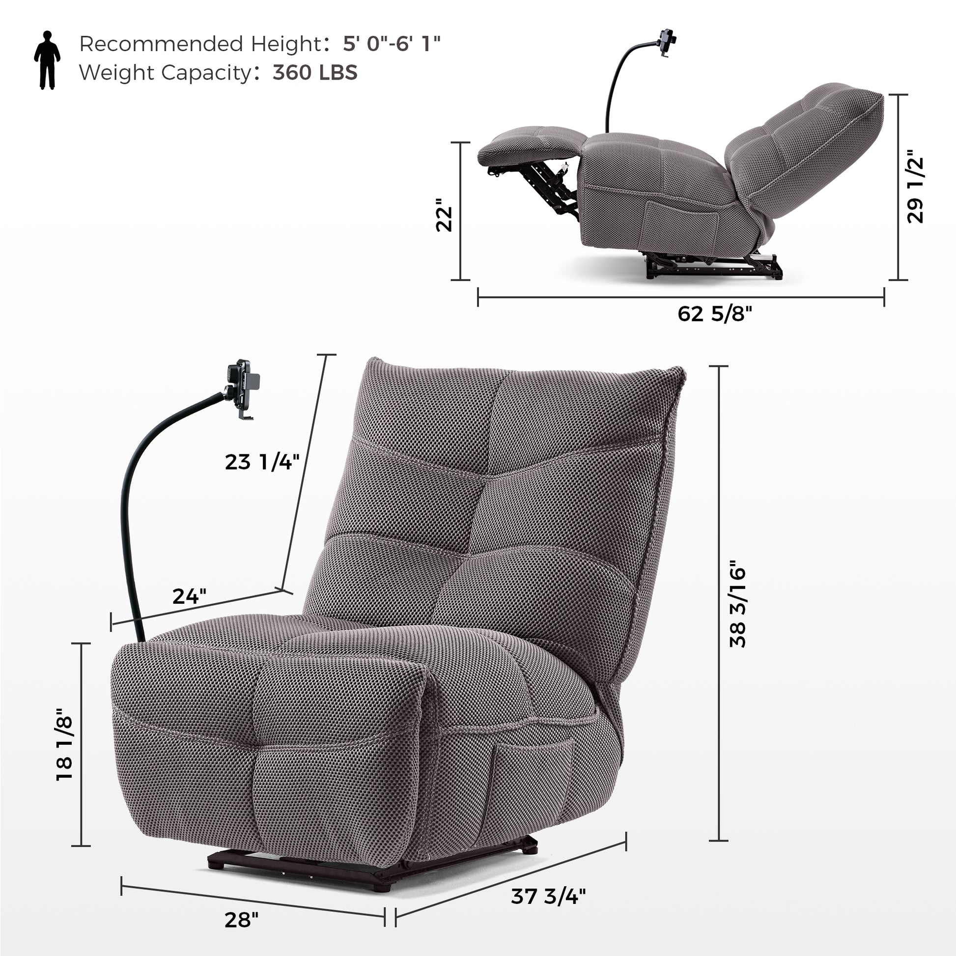 Linx Power Glider Recliner in Gray Techno 3D Fabric With Dimensions, 360 Lbs Capacity, Ergonomic Design.