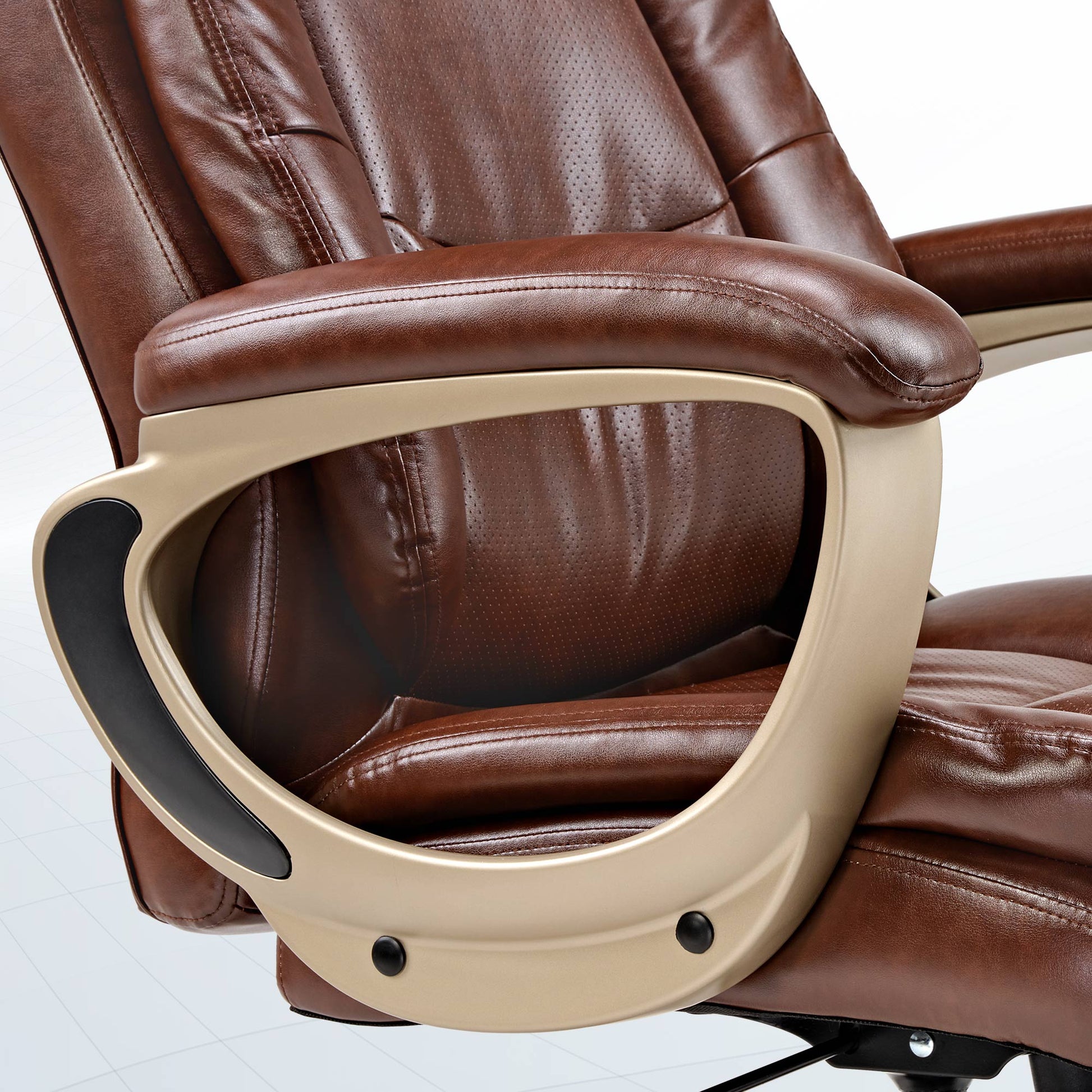Preston Executive Office Chair Armrest Detail, Brown Pu Leather, Gold Arm Frame, Ergonomic Design.