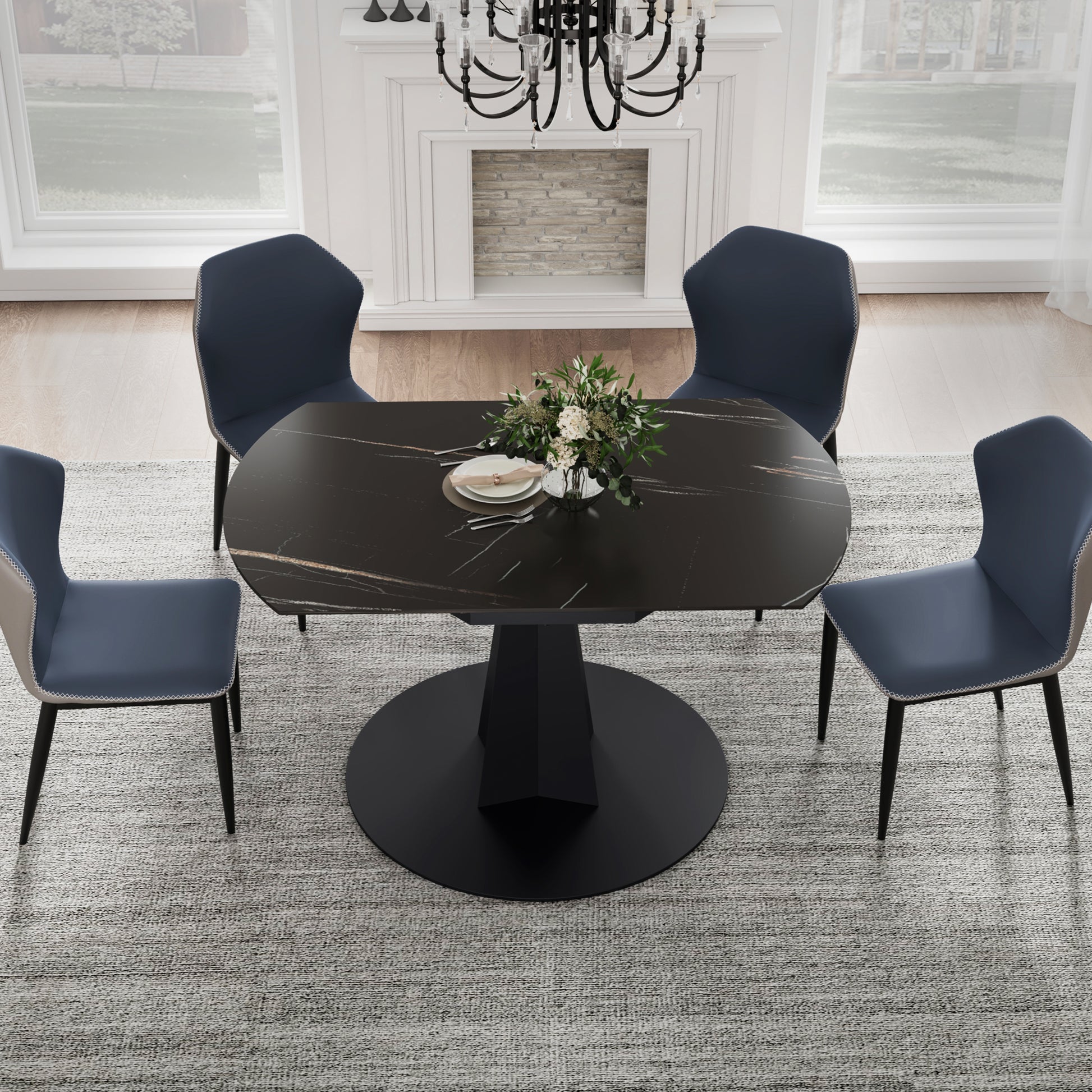 53'' Round Extending Dining Table with Stone Slab for Dining Room, black with retracted sides