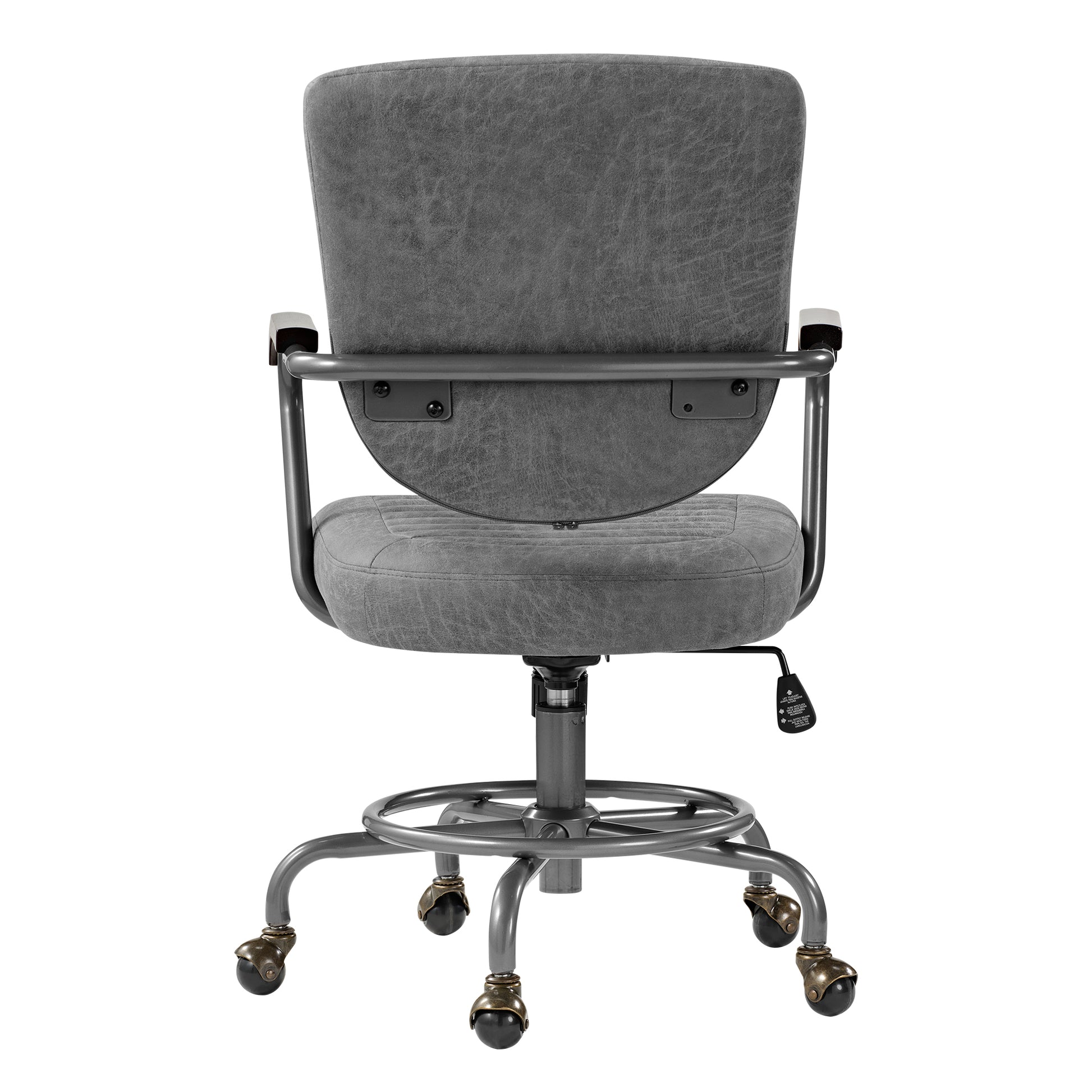 Cole Task Office Chair: Gray Pu Leather, Solid Wood Armrests, and Rolling Casters. Ergonomic and Stylish Design.