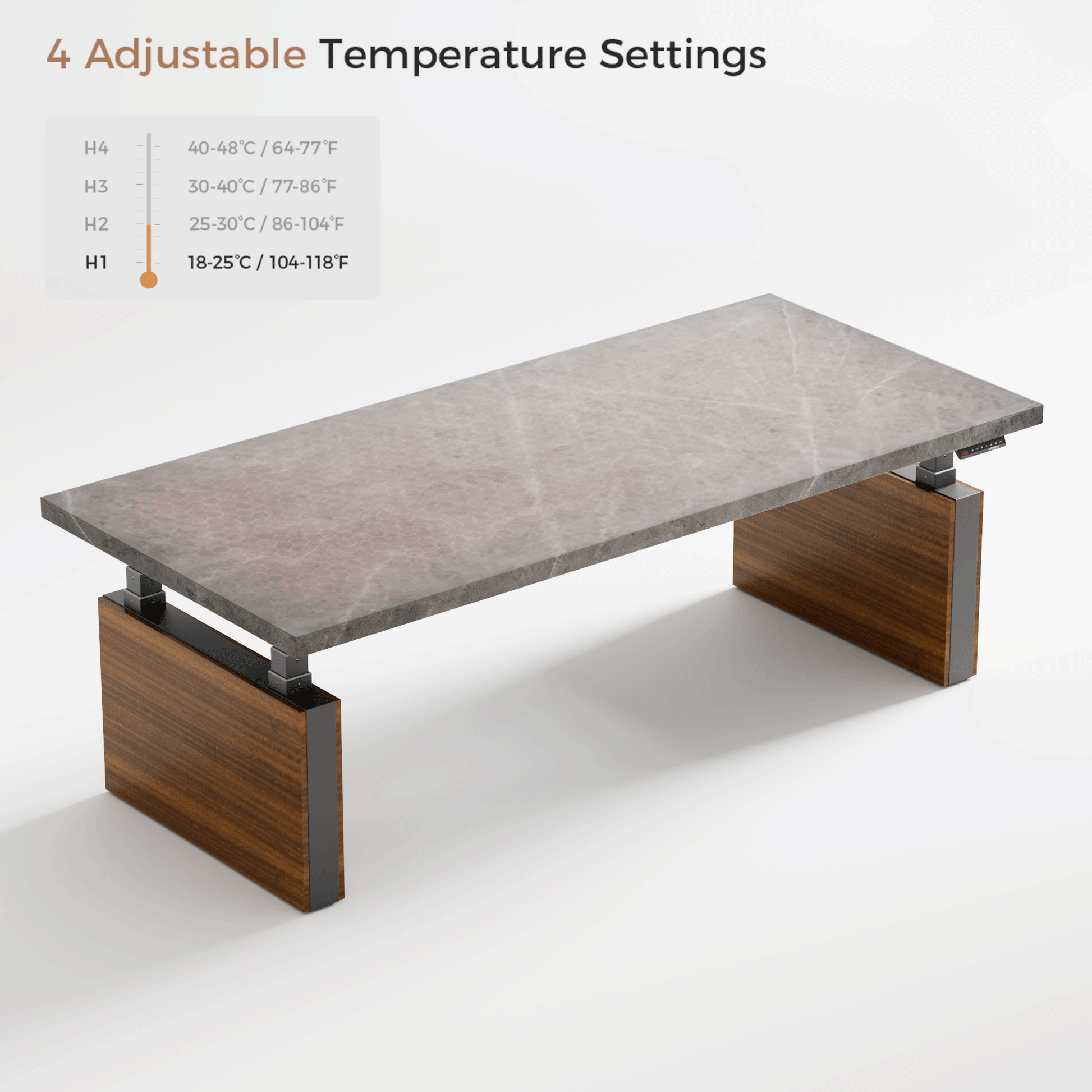 Zen Pro Executive Standing Desk With 4 Temperature Settings, Gray Sintered Stone Desktop, Wood Accents.