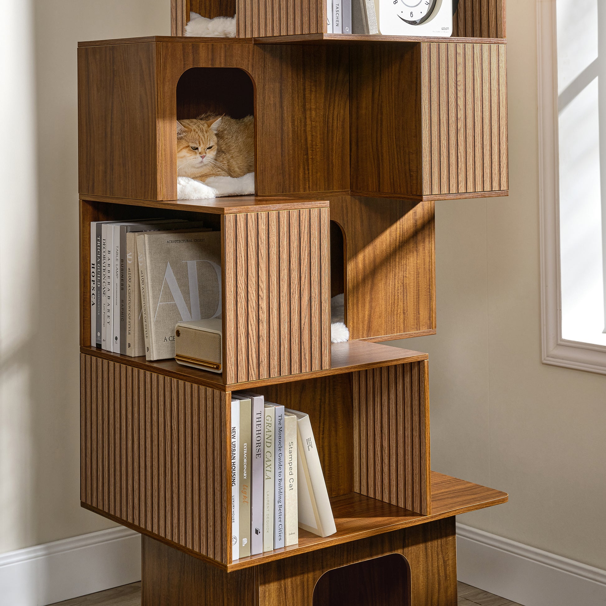 Eureka Ergonomic Pawlio 72" bookshelf cat tree in walnut finish with ribbed panels, featuring cats lounging in cubbies and plush bedding.