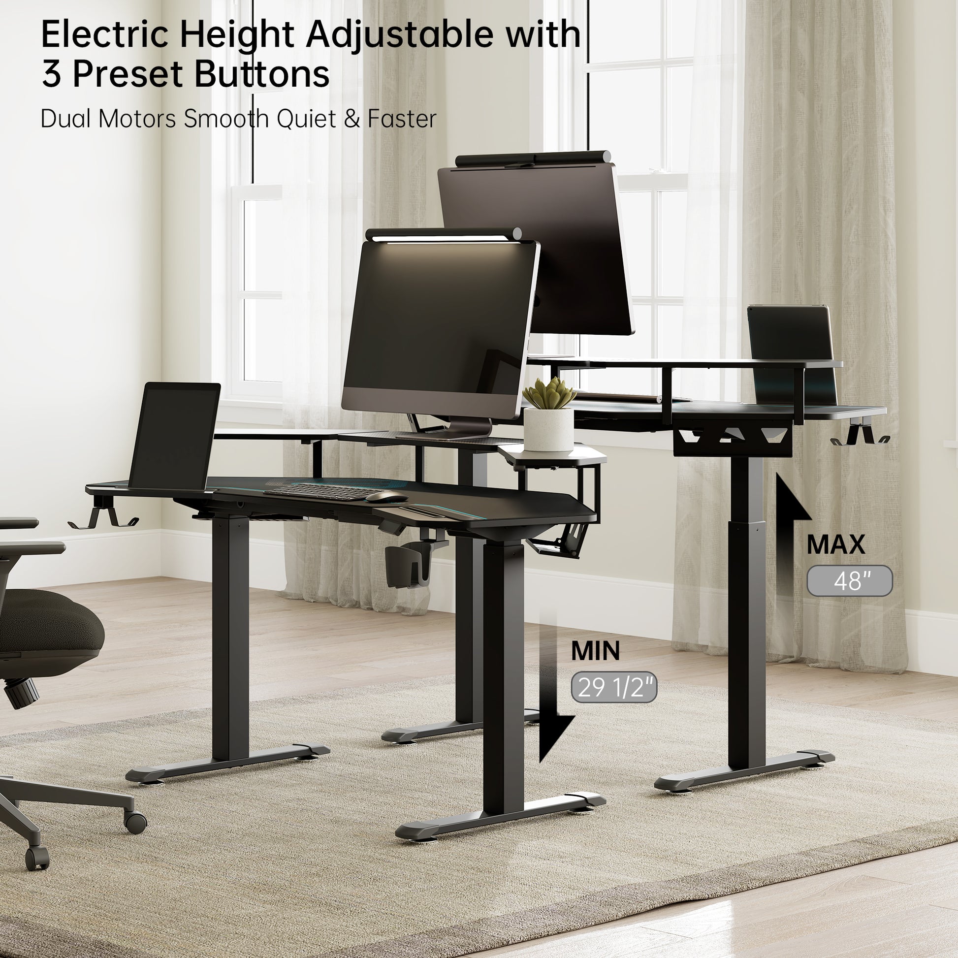 Black Aero Pro Standing Desk With Electric Height Adjustment, Preset Buttons, Dual Motors, and Accessories, Ergonomic Design.