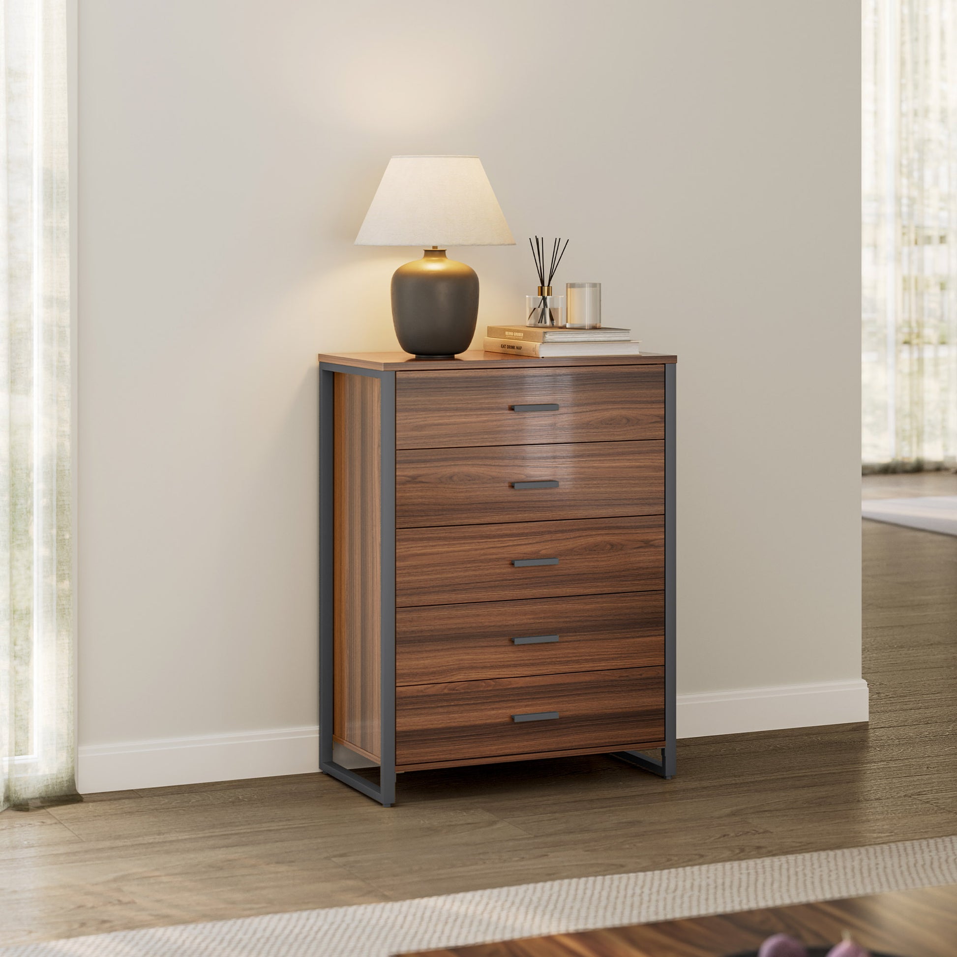 42 Walnut Chest Dresser With Black Metal Frame. Modern Bedroom Storage Cabinet.