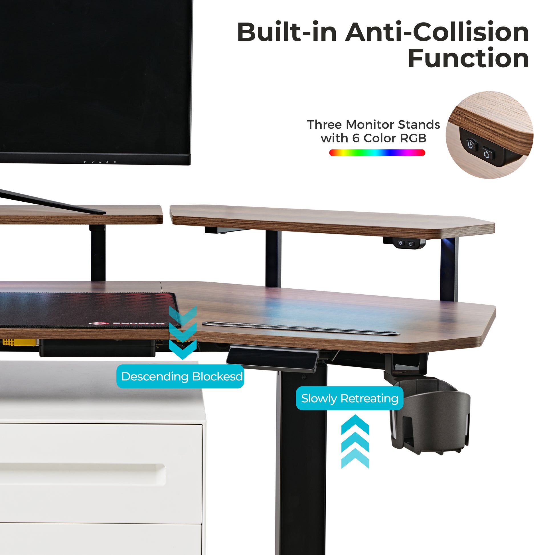Eureka Ergonomic Aero Pro Standing Desk With Anti-Collision Feature, Wood Finish, and Accessories.