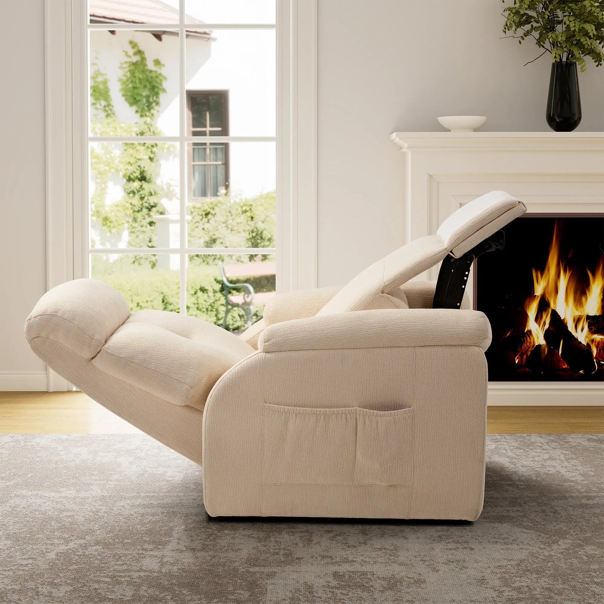 Beige Henry-Armrest Power Recliner With Zero Gravity Features in Living Room, Cotton-Linen Fabric.