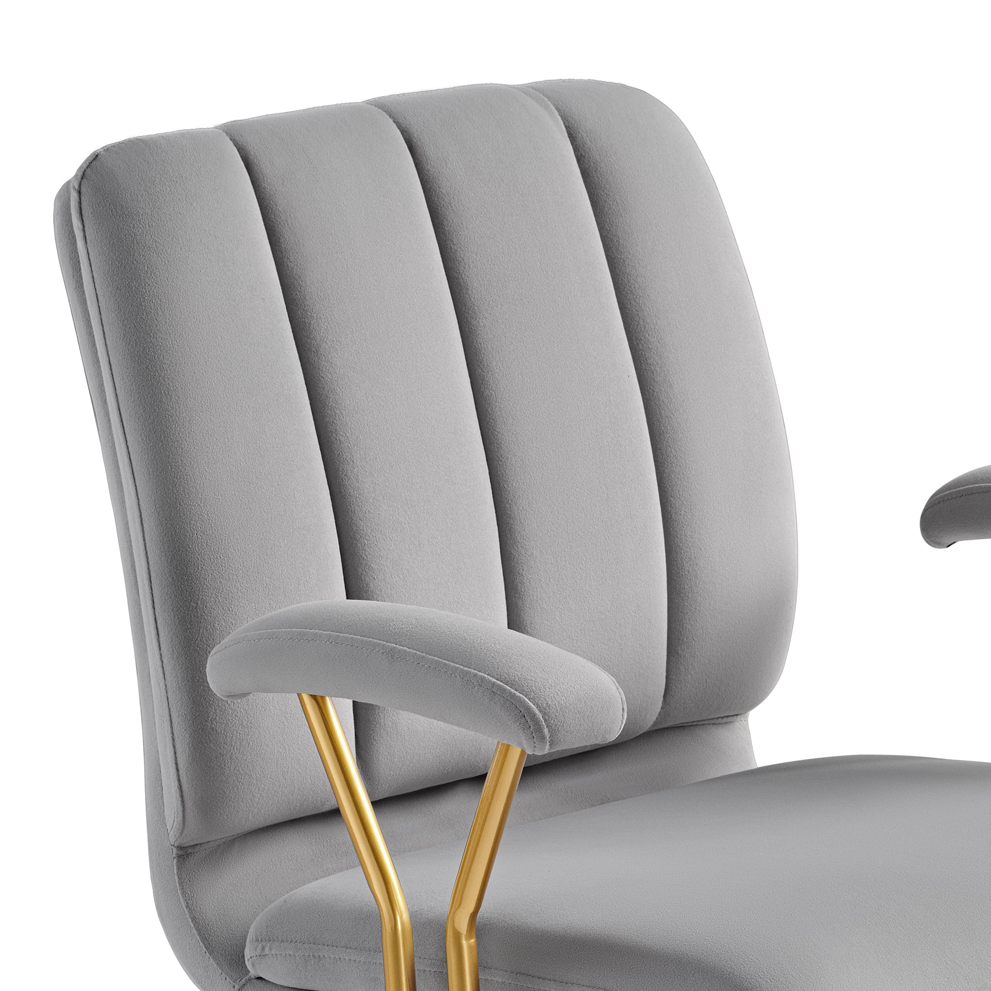 Adena Velvet Office Chair Detail: Gray Velvet Upholstery With Gold Armrest, for Modern Home Office.