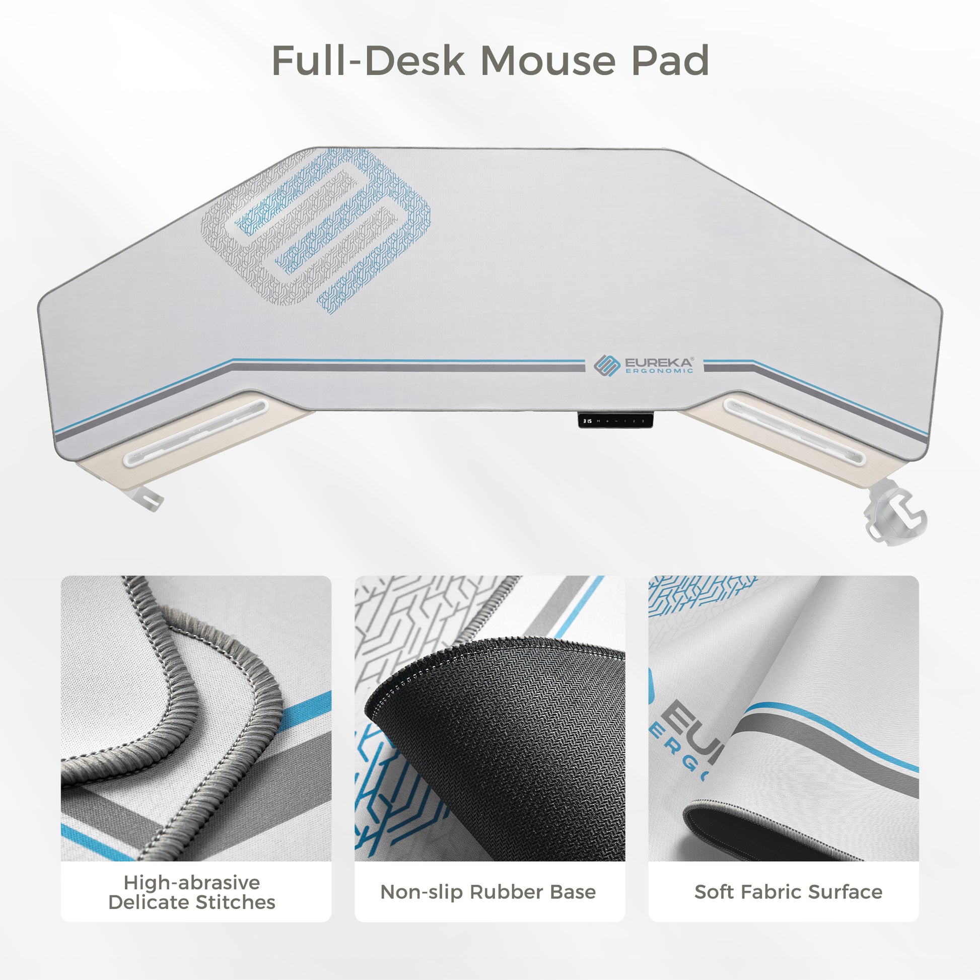 Eureka Ergonomic Full-Desk Mouse Pad, White Surface With Blue Accents, Ergonomic Design, Non-Slip Rubber Base, Soft Fabric.