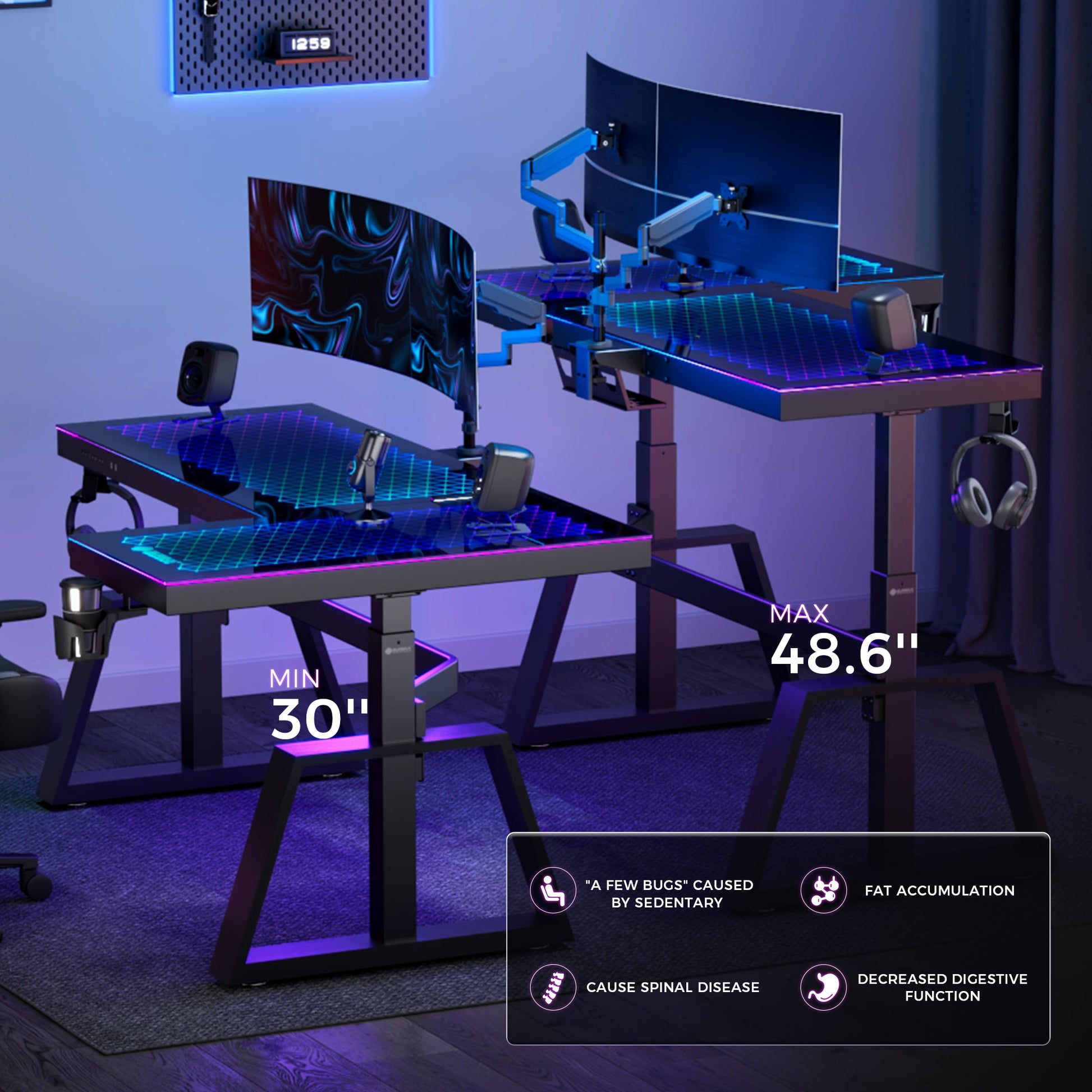 GTG-L60 Pro L-Shaped Glass Gaming Desk With Rgb Lighting and Dual Curved Monitors, Adjustable Height.