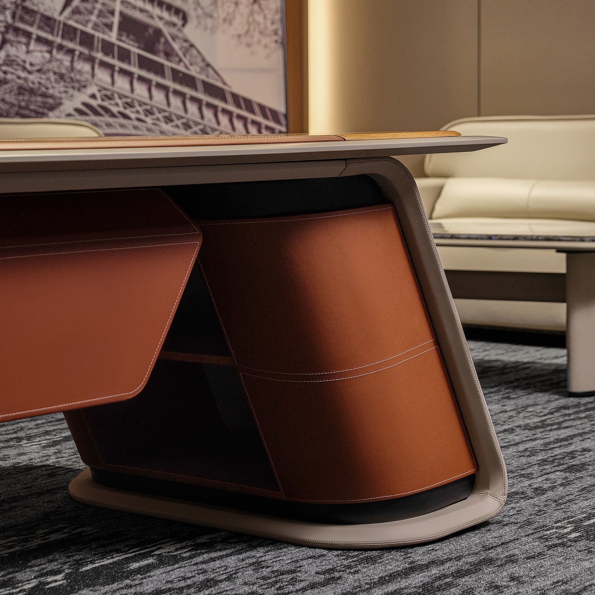 Eureka Ergonomic Zen Altair desk: tan faux leather with stitching on taupe base, dark interior, grey rug detail.