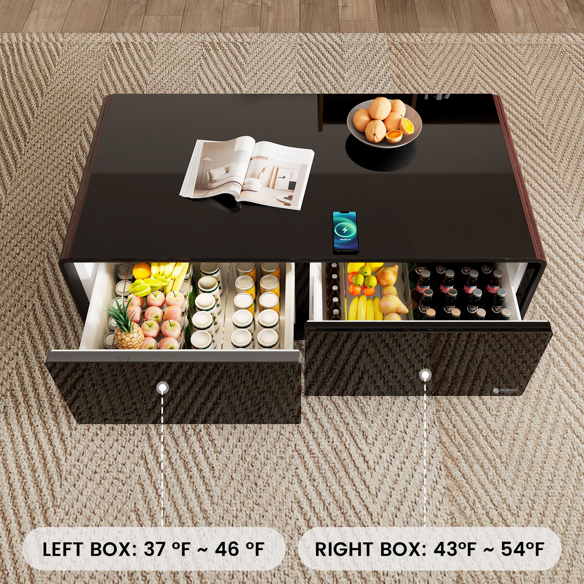 50 inch Walnut Woodgrain Style Smart Fridge Coffee Table with Bluetooth Speakers, Flexible Temperature Control Range