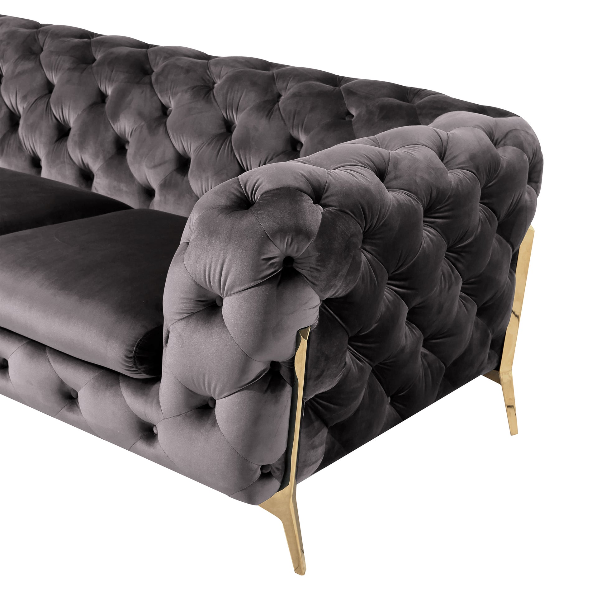 Beverly Loveseat Sofa in Gray Velvet With Rose Gold Legs. Luxury Modern Living Room Furniture.