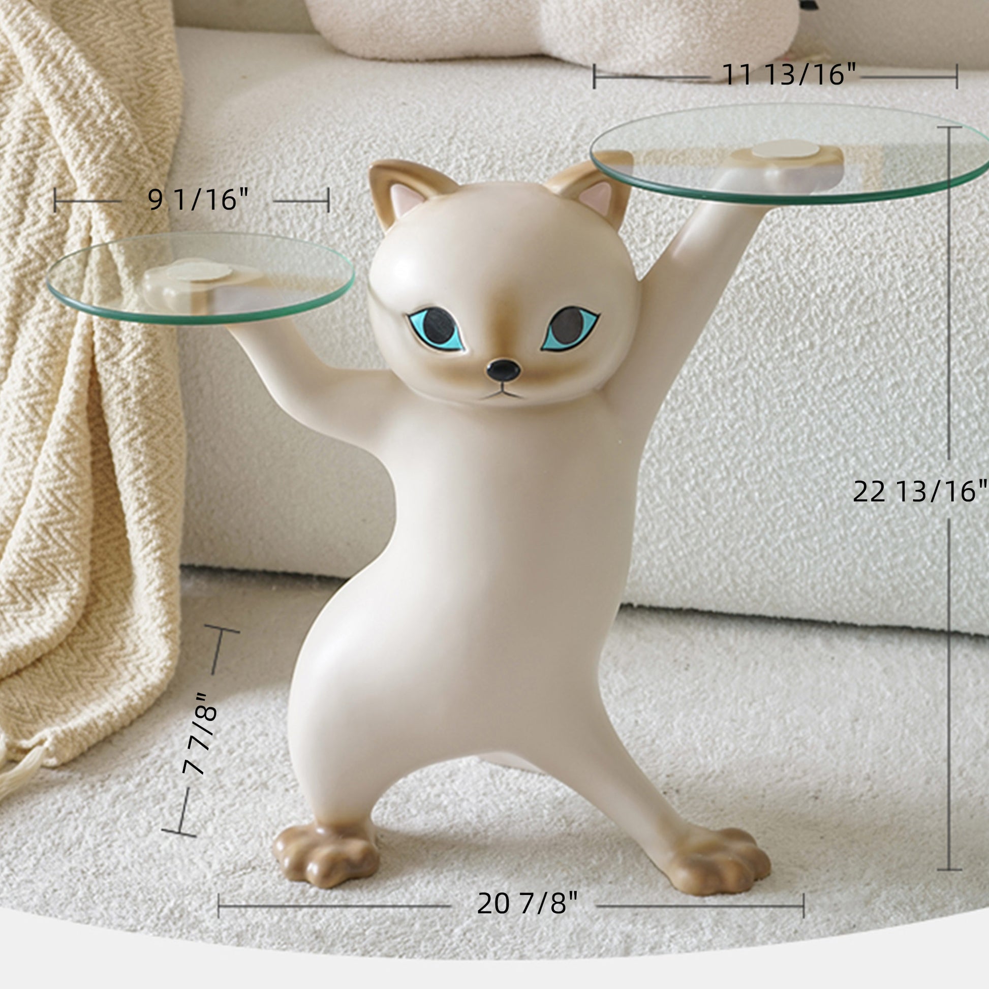 Enchanting Cat Side Table, Beige Cat Design With Dual Glass Trays, Stylish Home Decor, Size As 22 13/16 Inch.
