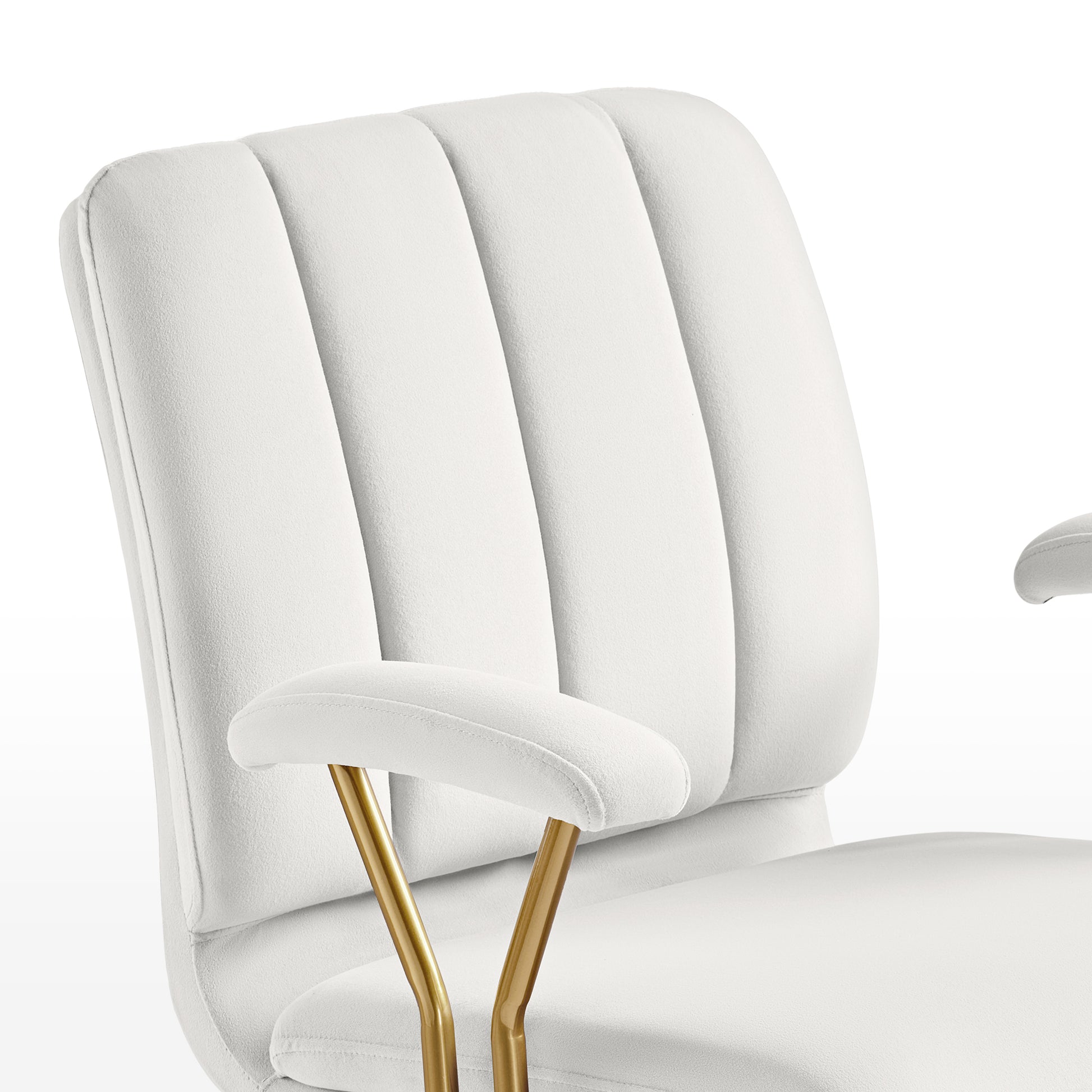 Adena Velvet Office Chair Detail: White Velvet Backrest, Gold Armrest Accents, Modern Office Chair.