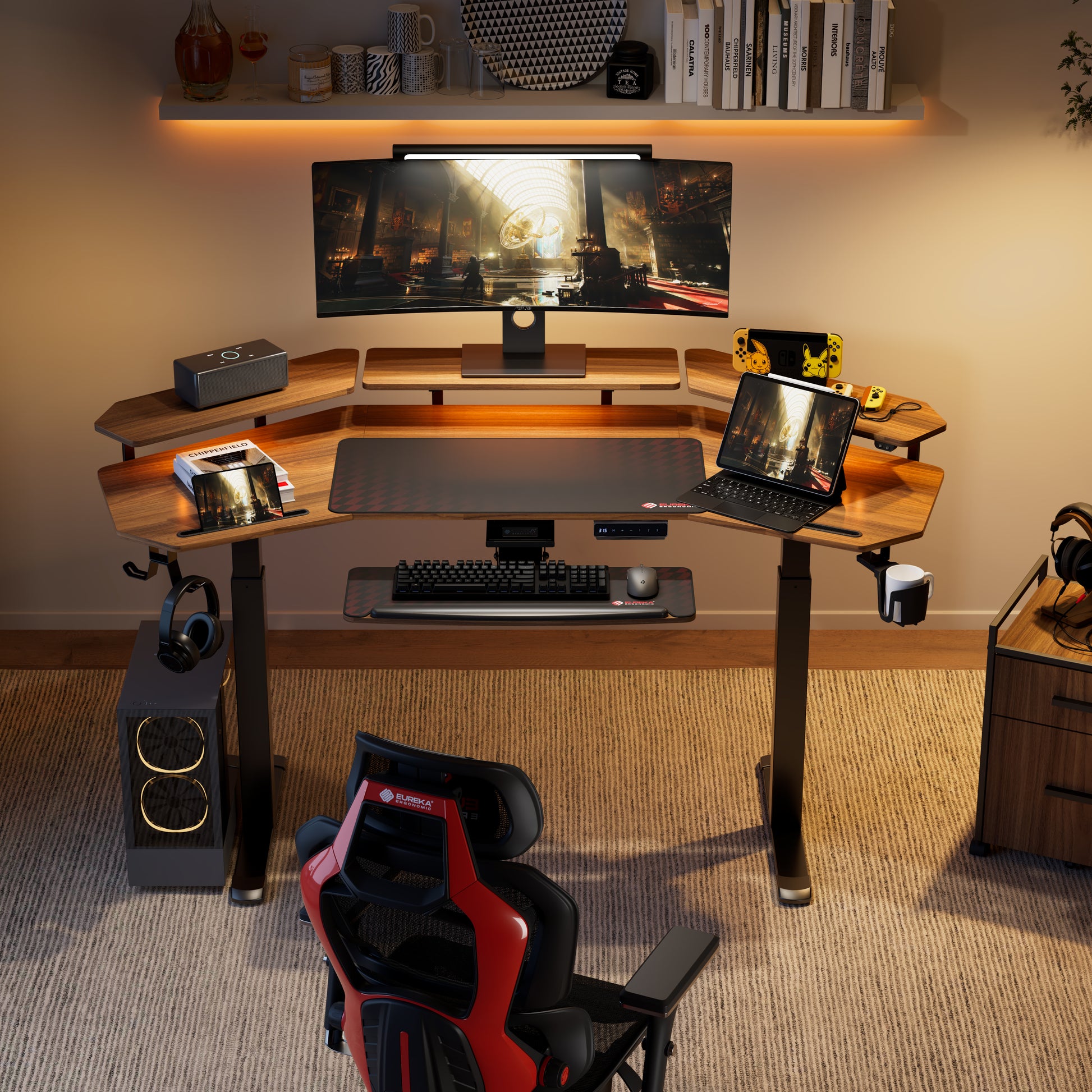 Eureka Ergonomic Aero Pro Standing Desk Setup With Dual Monitors, Ergonomic Design, and Accessories. Black Gaming Desk.