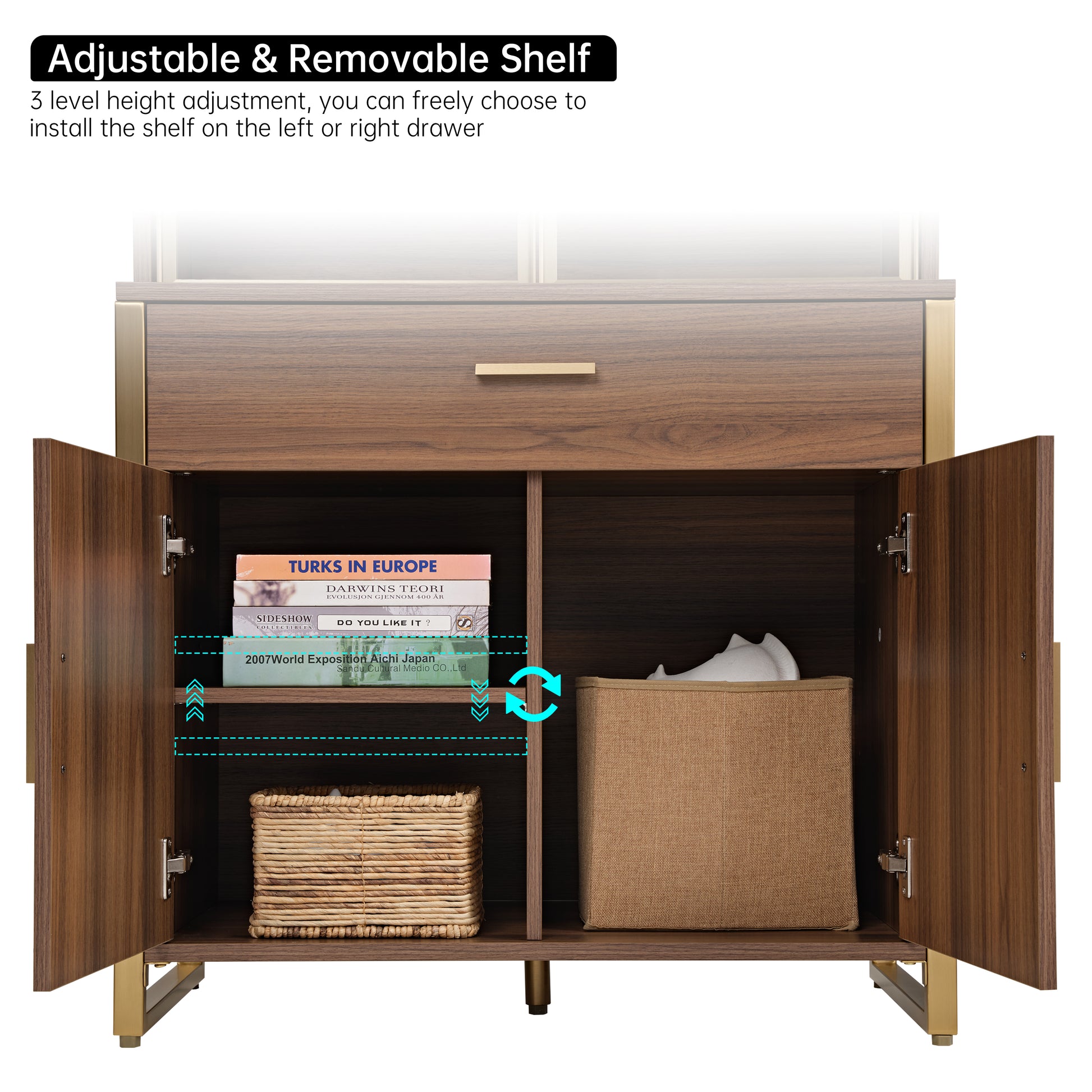 Eureka Ergonomic Walnut Display Bookshelf With Adjustable Shelves, Walnut Finish With Gold Legs, for Books and Display.
