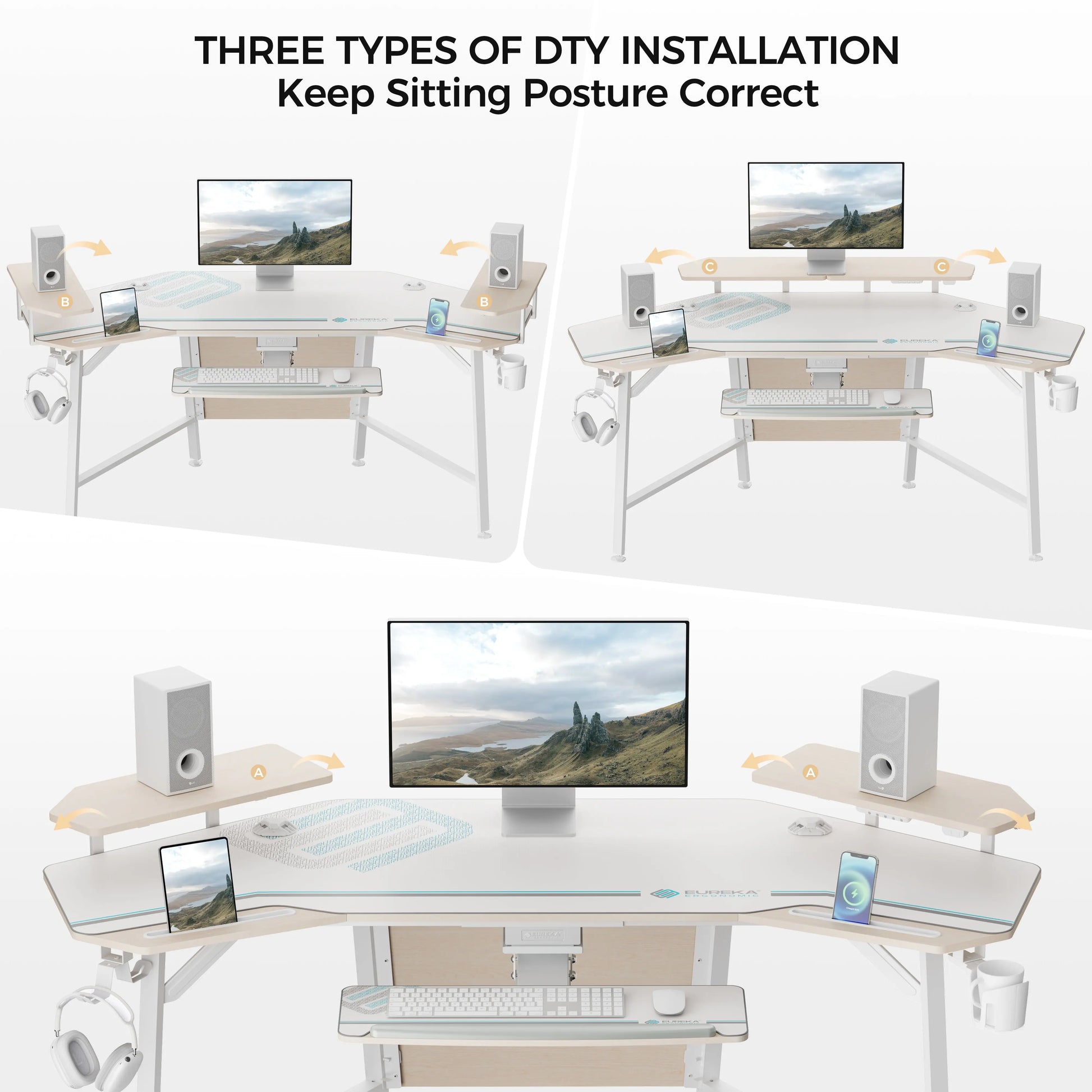 Eureka Ergonomic Wing Desk Showing Three Setup Options for Optimal Posture With Integrated Accessories.