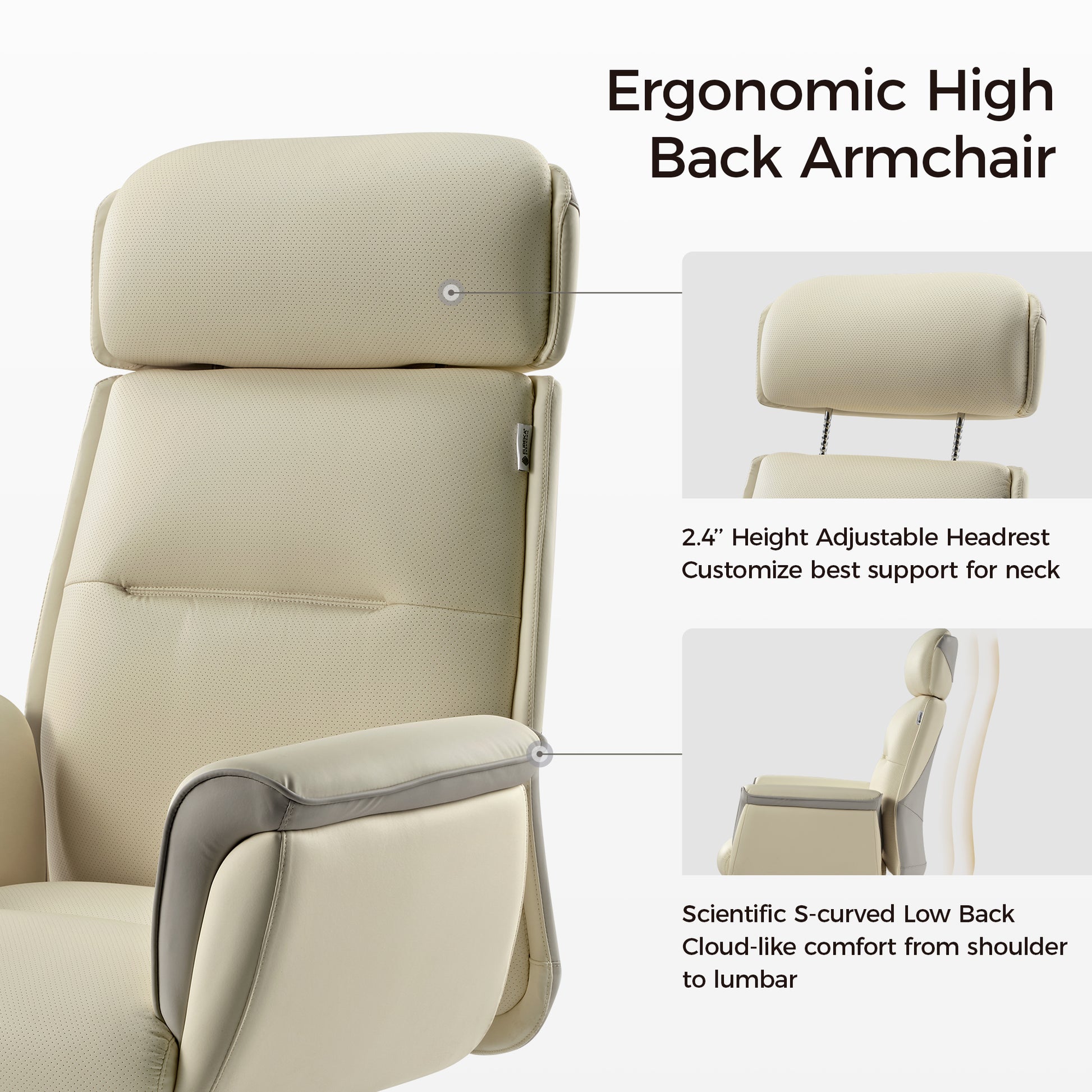 Royal Executive Office Chair With Ergonomic High Back, Beige Leather, Adjustable Headrest and Curved Back Support.