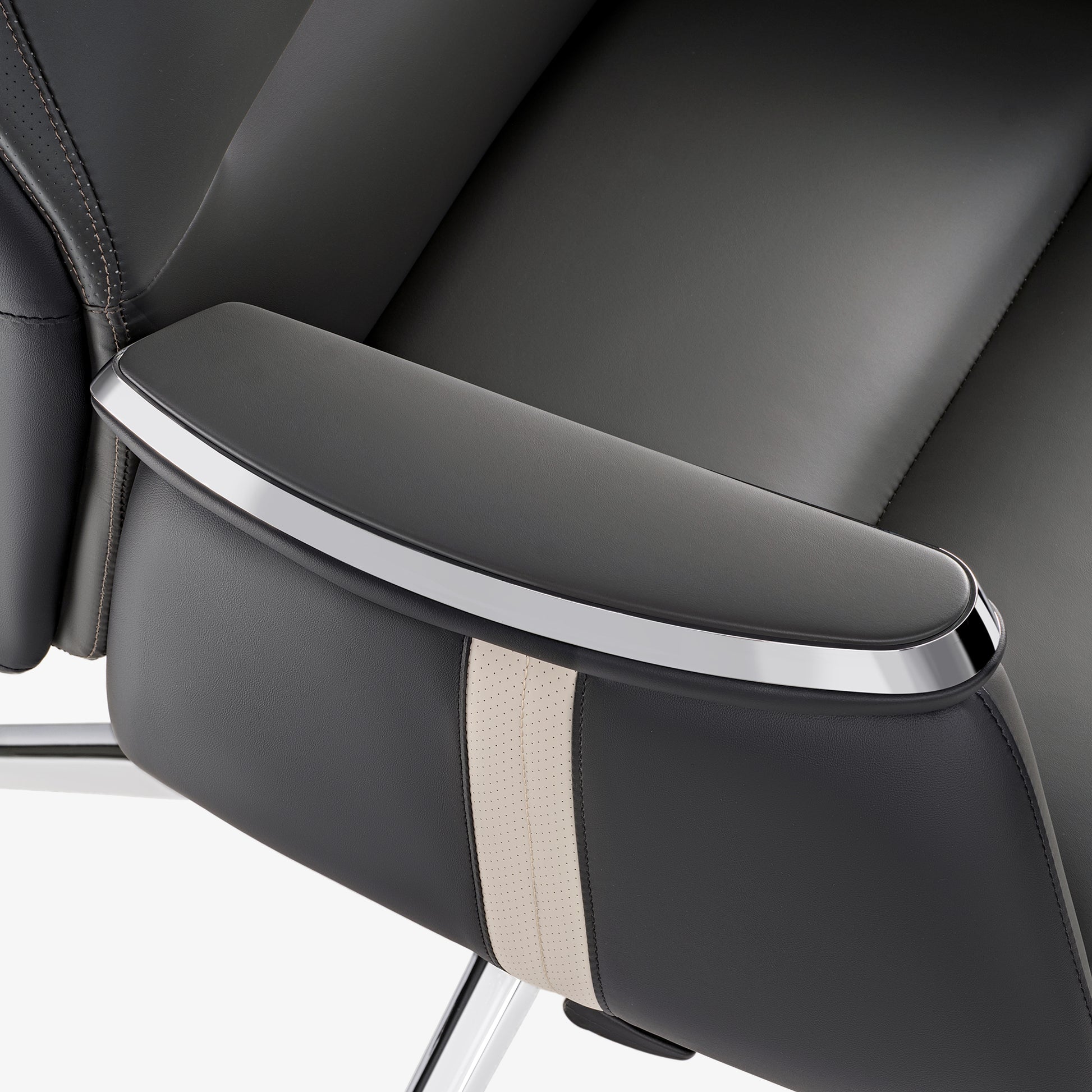 Royal II Executive Office Chair Armrest Detail - Black Leather, Silver Trim, Ergonomic Design, Cream Stripe.