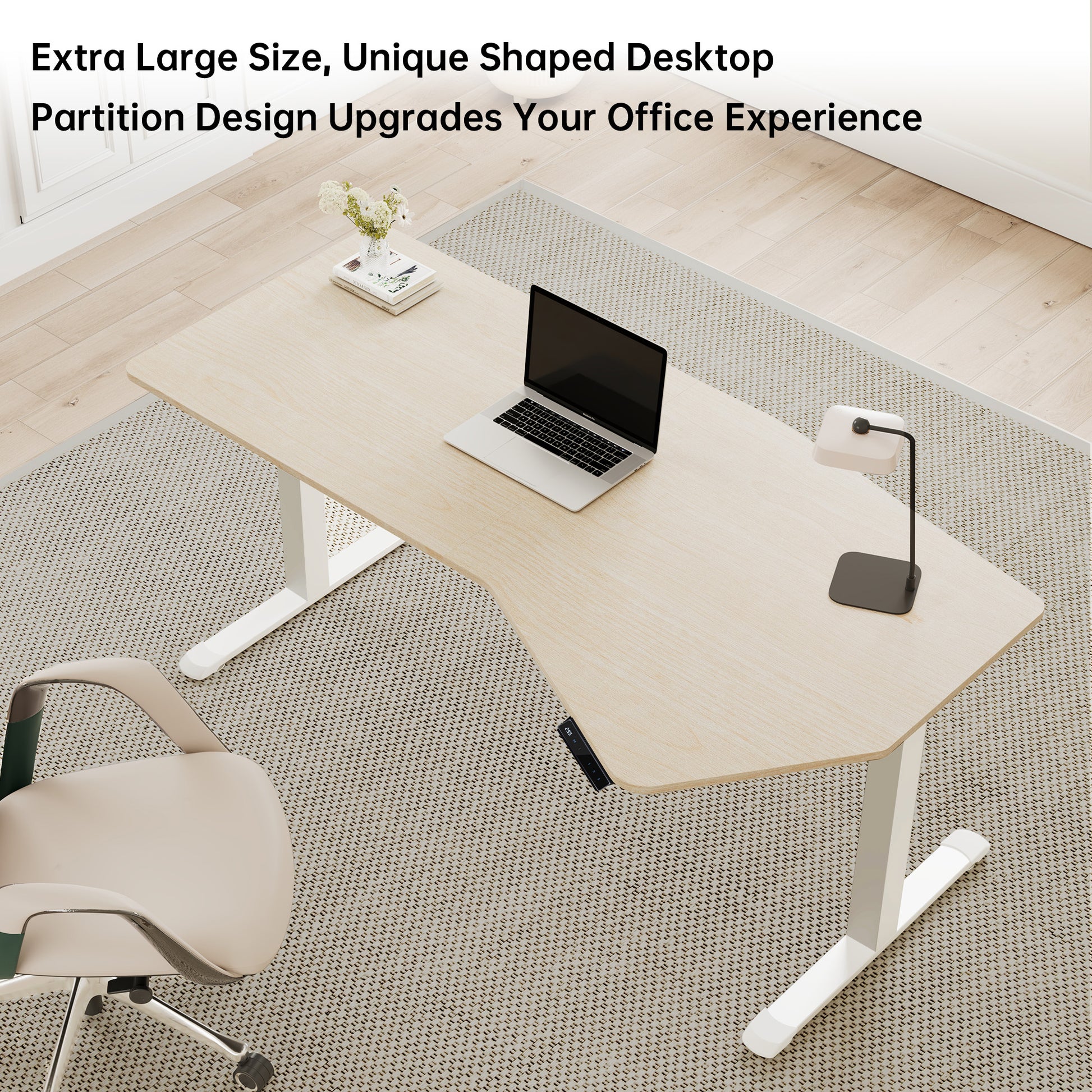Eureka Ergonomic Unique Shaped Standing Desk With Wood Veneer, Height Adjustable, Modern Home Office Setup.