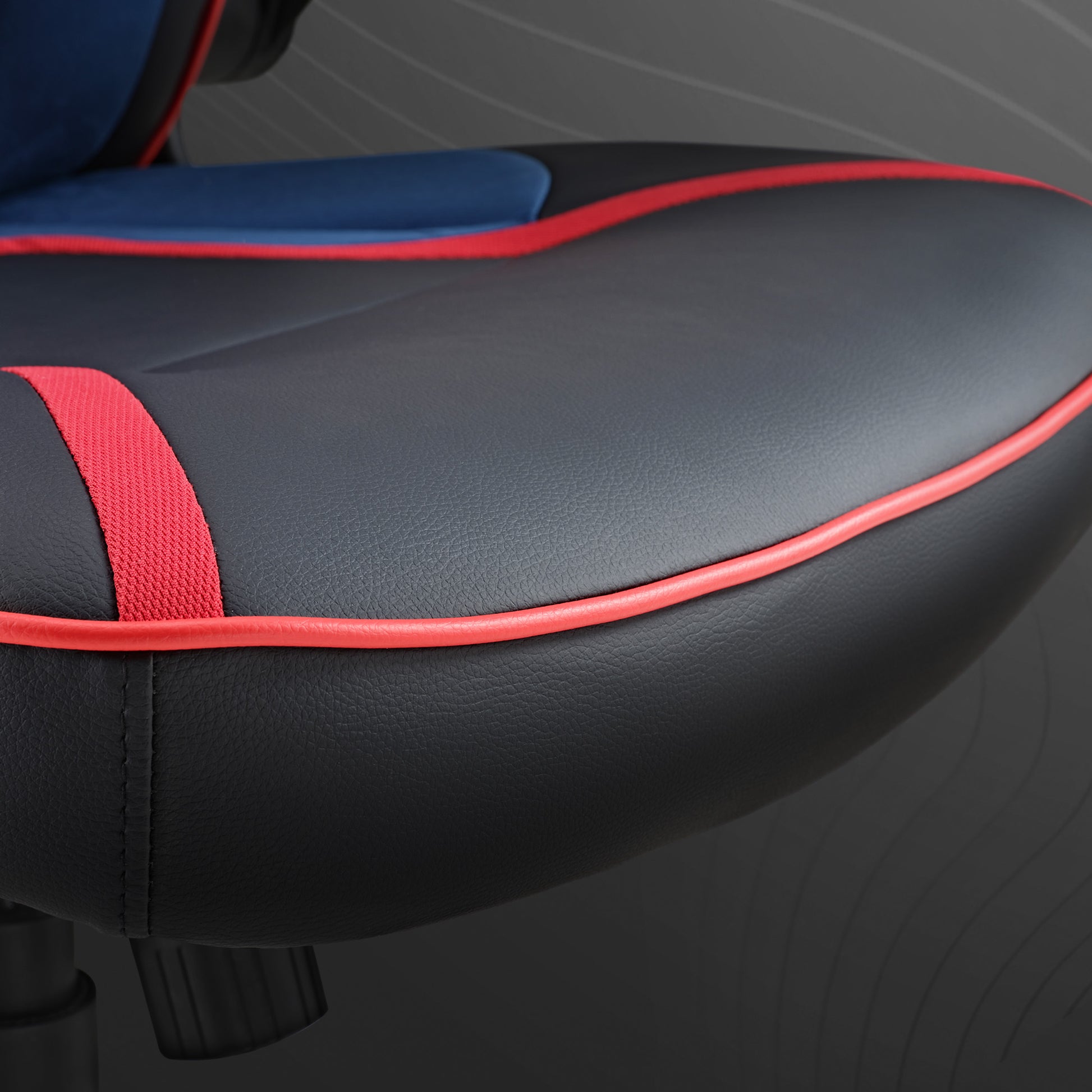 Vortex Gaming Chair Detail: Black Pu Leather, Blue Velour, and Red Accents.